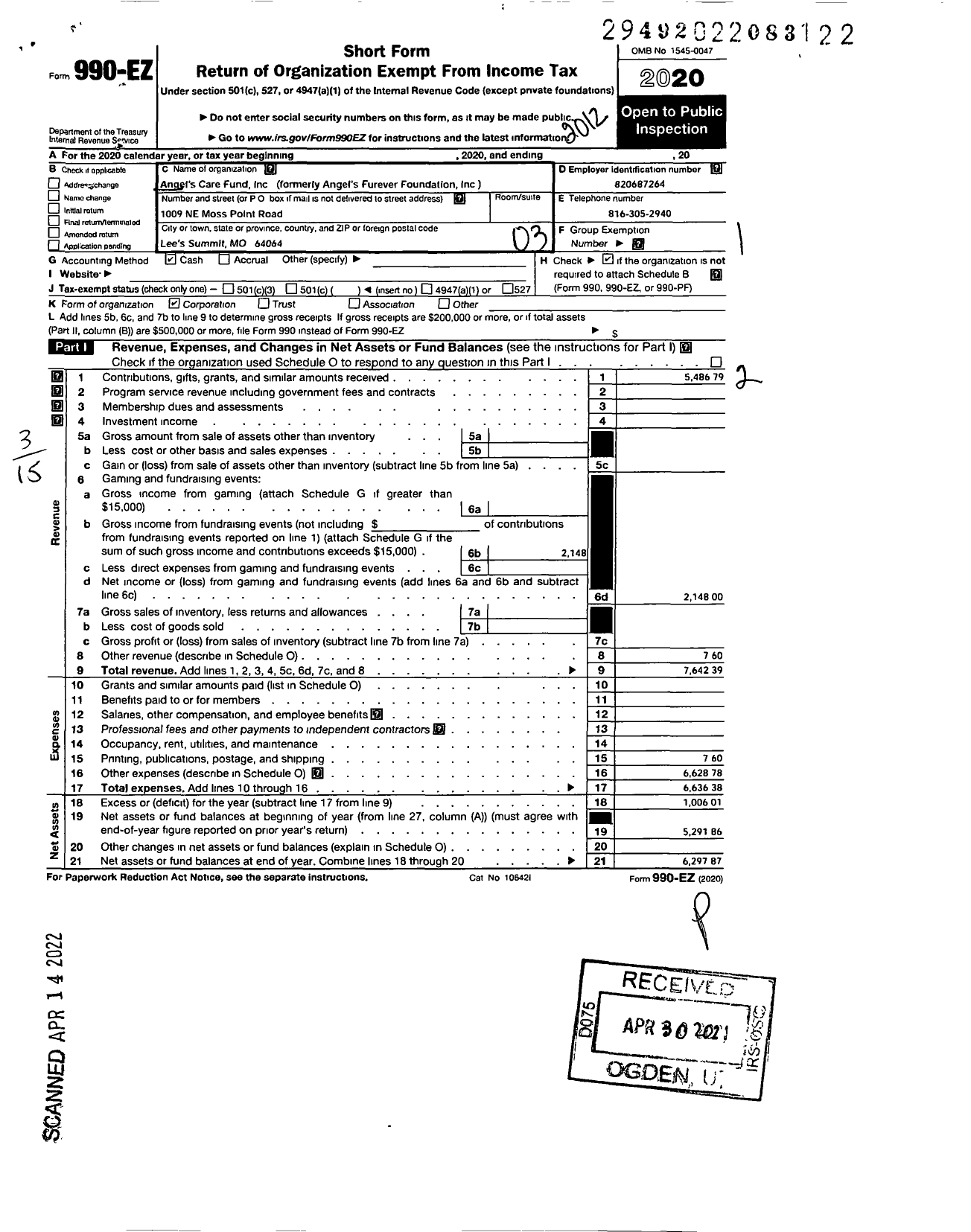 Image of first page of 2020 Form 990EZ for Angels Care Fund