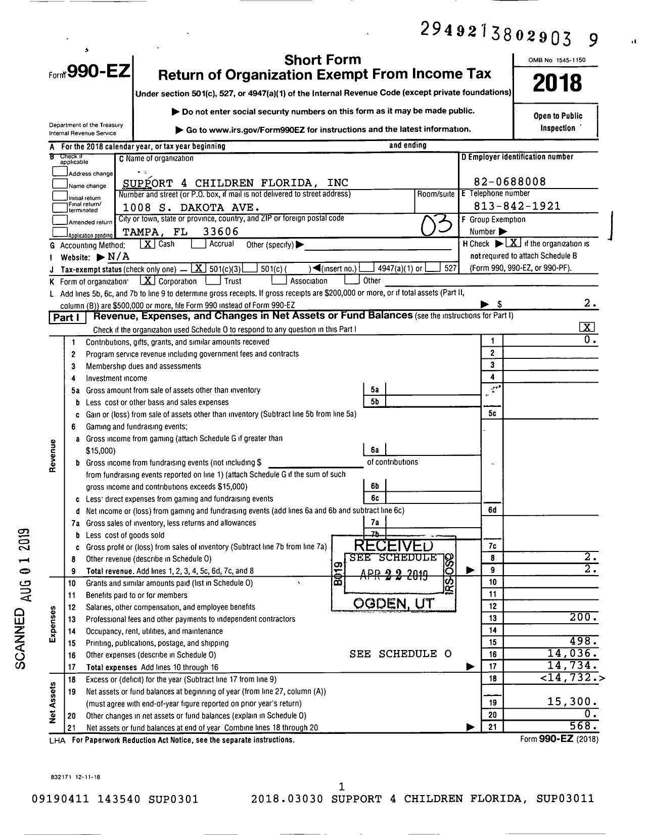 Image of first page of 2018 Form 990EZ for Support 4 Children Florida