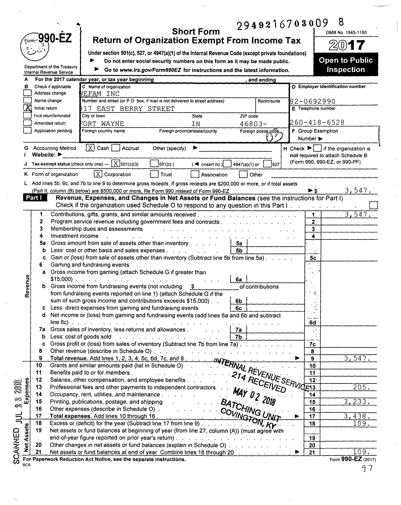 Image of first page of 2017 Form 990EZ for Wefam