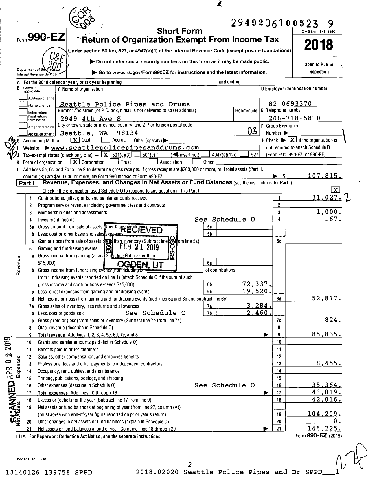 Image of first page of 2018 Form 990EZ for Seattle Police Pipes and Drums