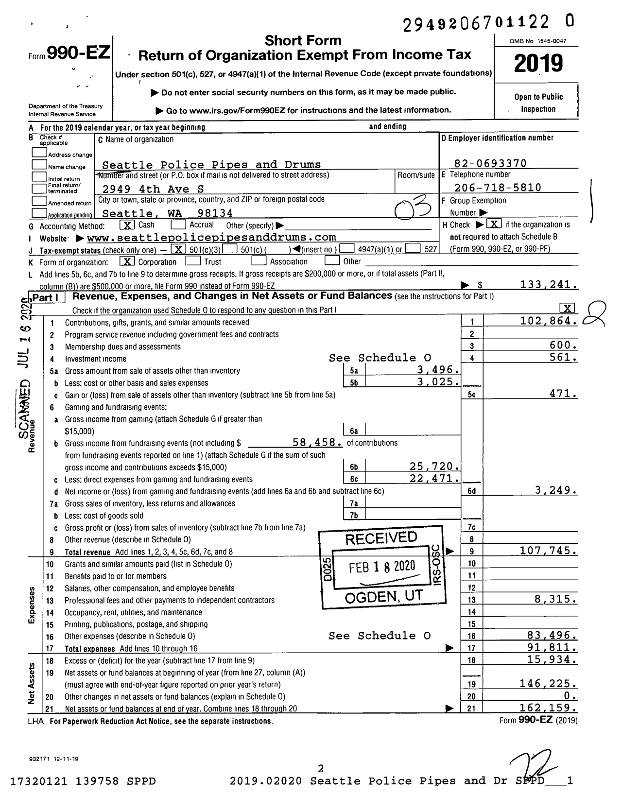 Image of first page of 2019 Form 990EZ for Seattle Police Pipes and Drums