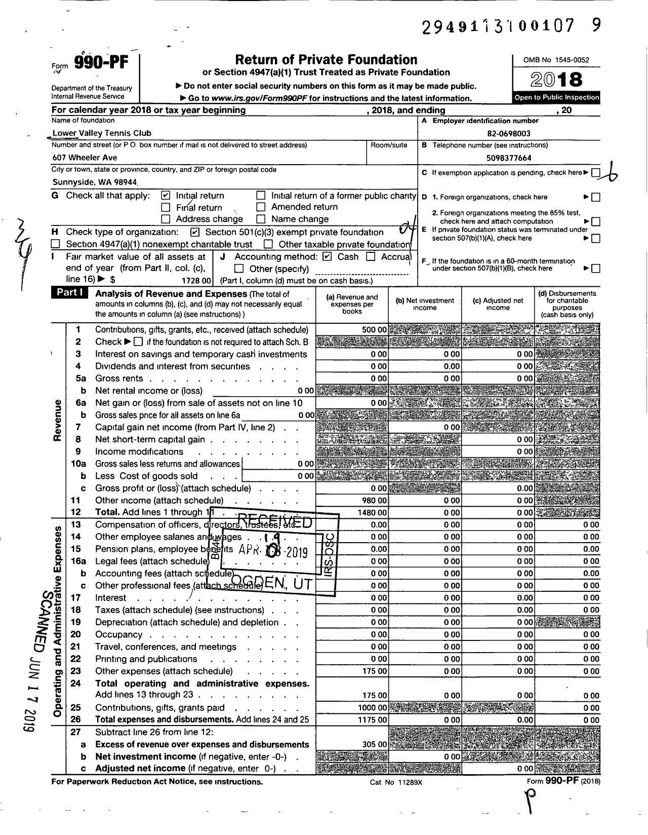 Image of first page of 2018 Form 990PF for Lower Valley Tennis Club