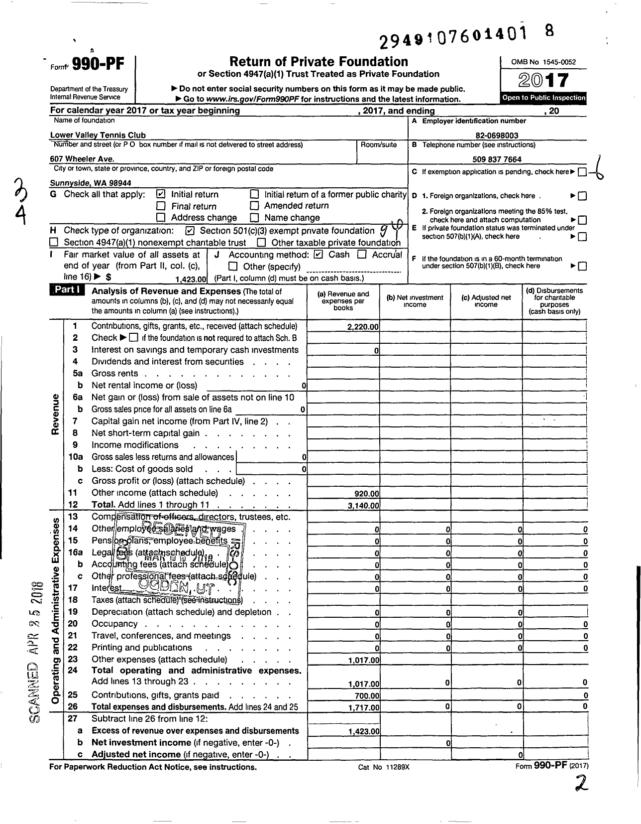 Image of first page of 2017 Form 990PF for Lower Valley Tennis Club