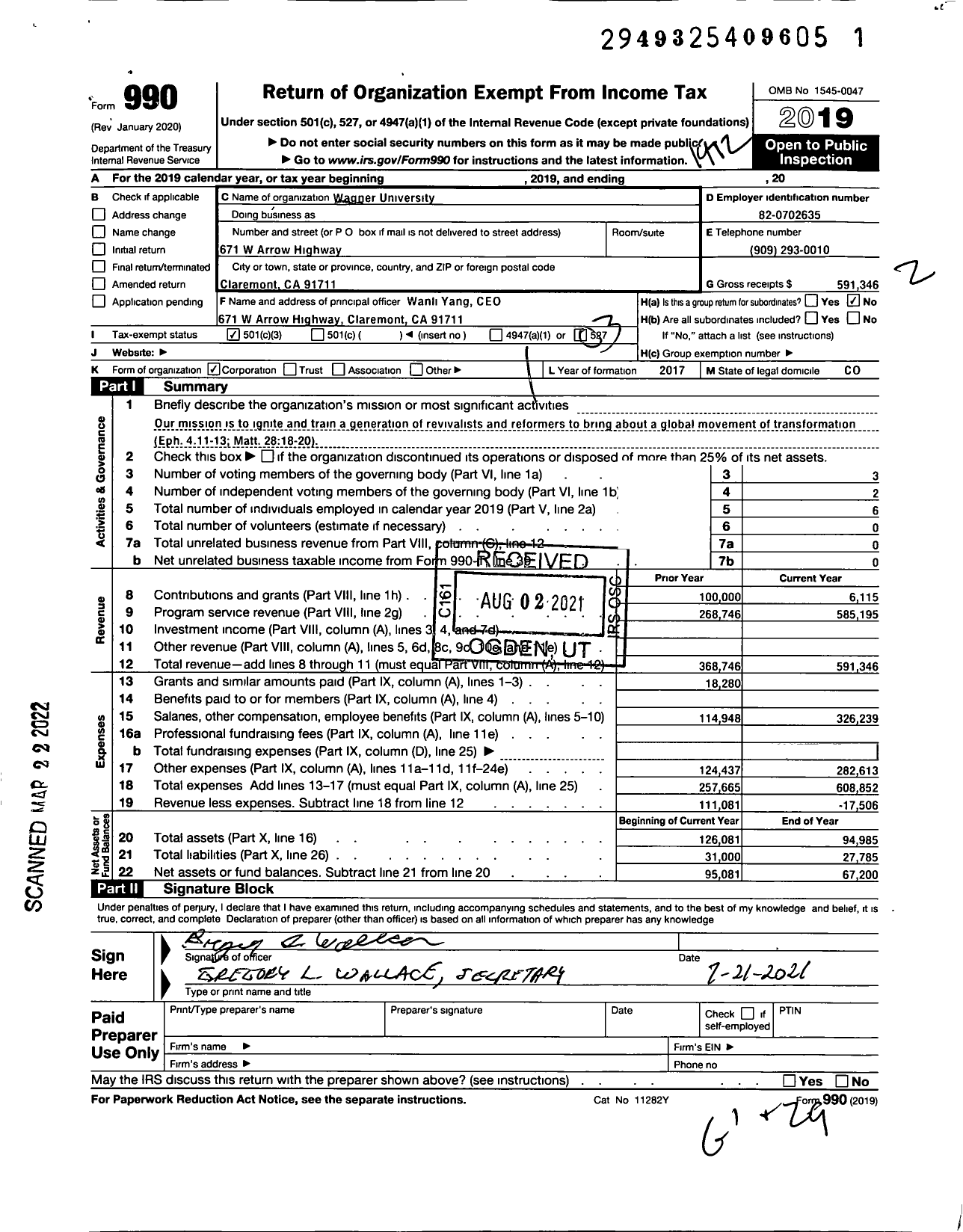 Image of first page of 2019 Form 990 for Wagner University