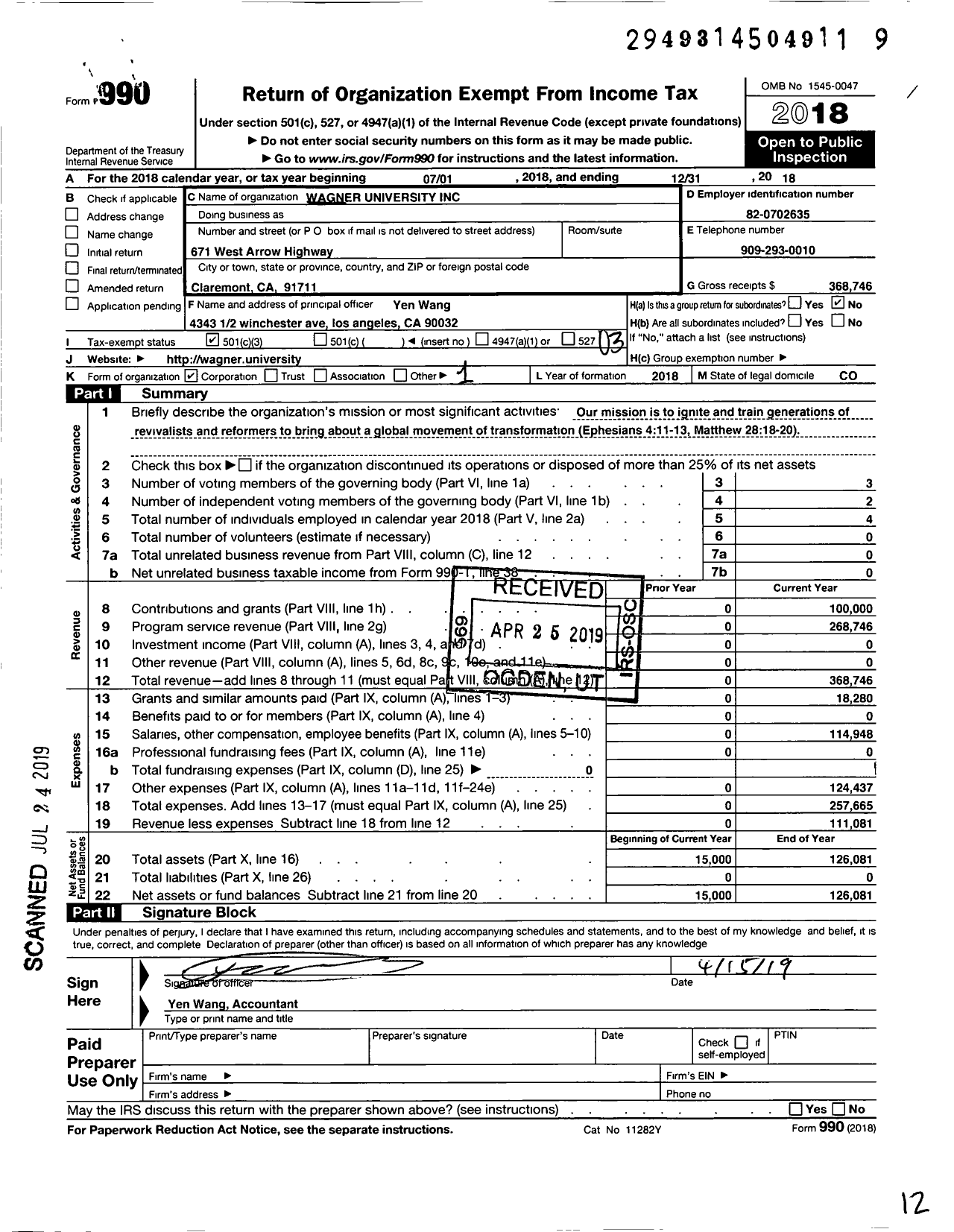 Image of first page of 2018 Form 990 for Wagner University