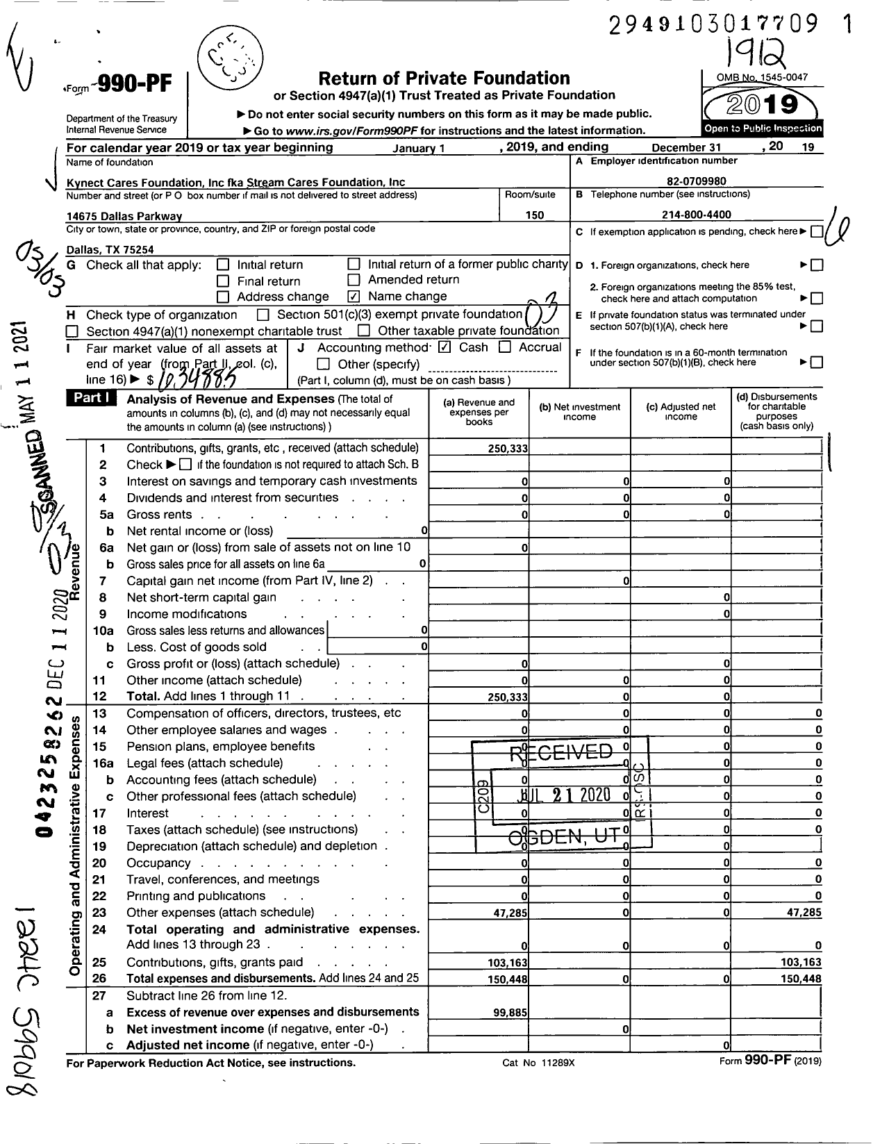 Image of first page of 2019 Form 990PF for Kynect Cares Foundation