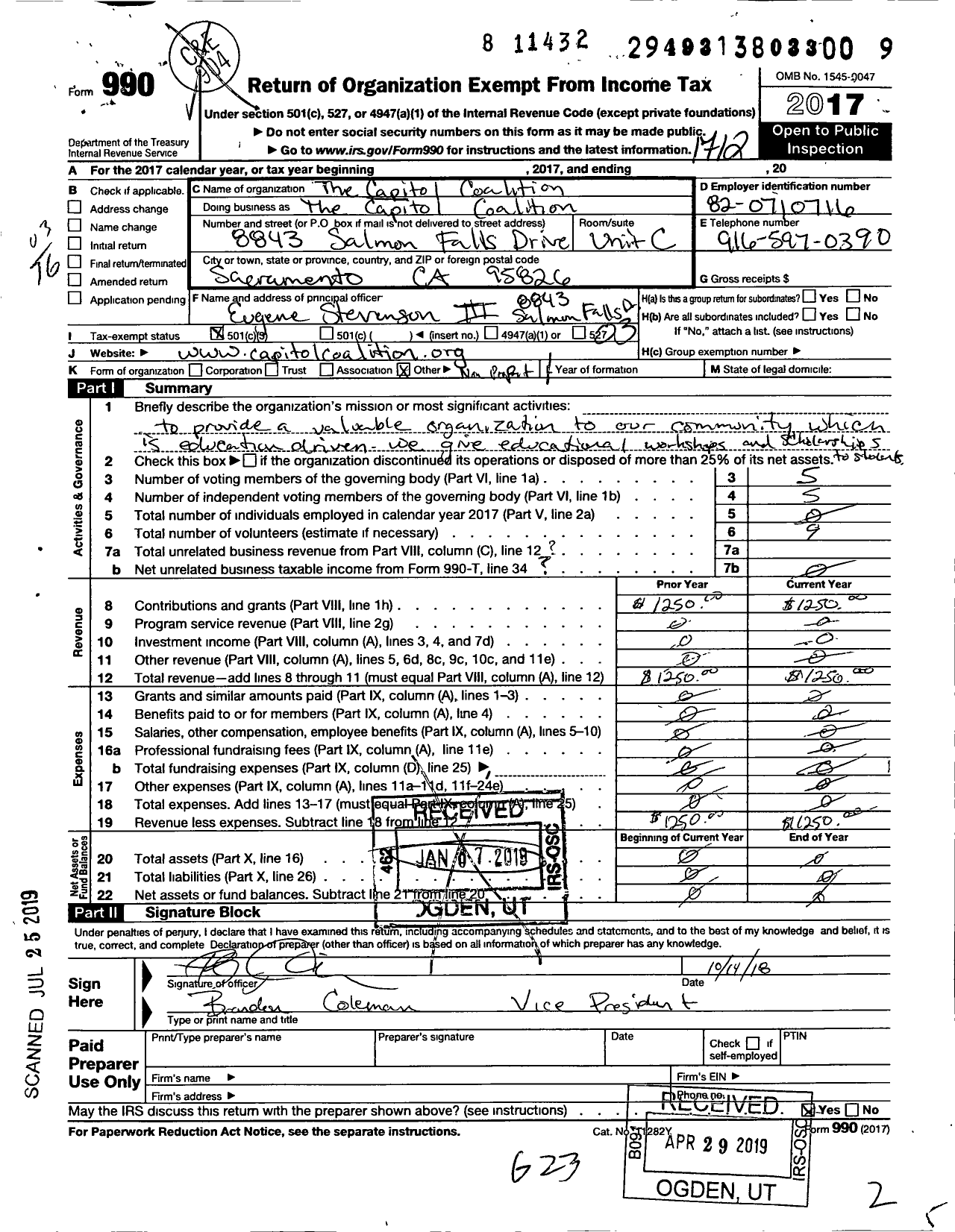Image of first page of 2017 Form 990 for Capitol Coalition