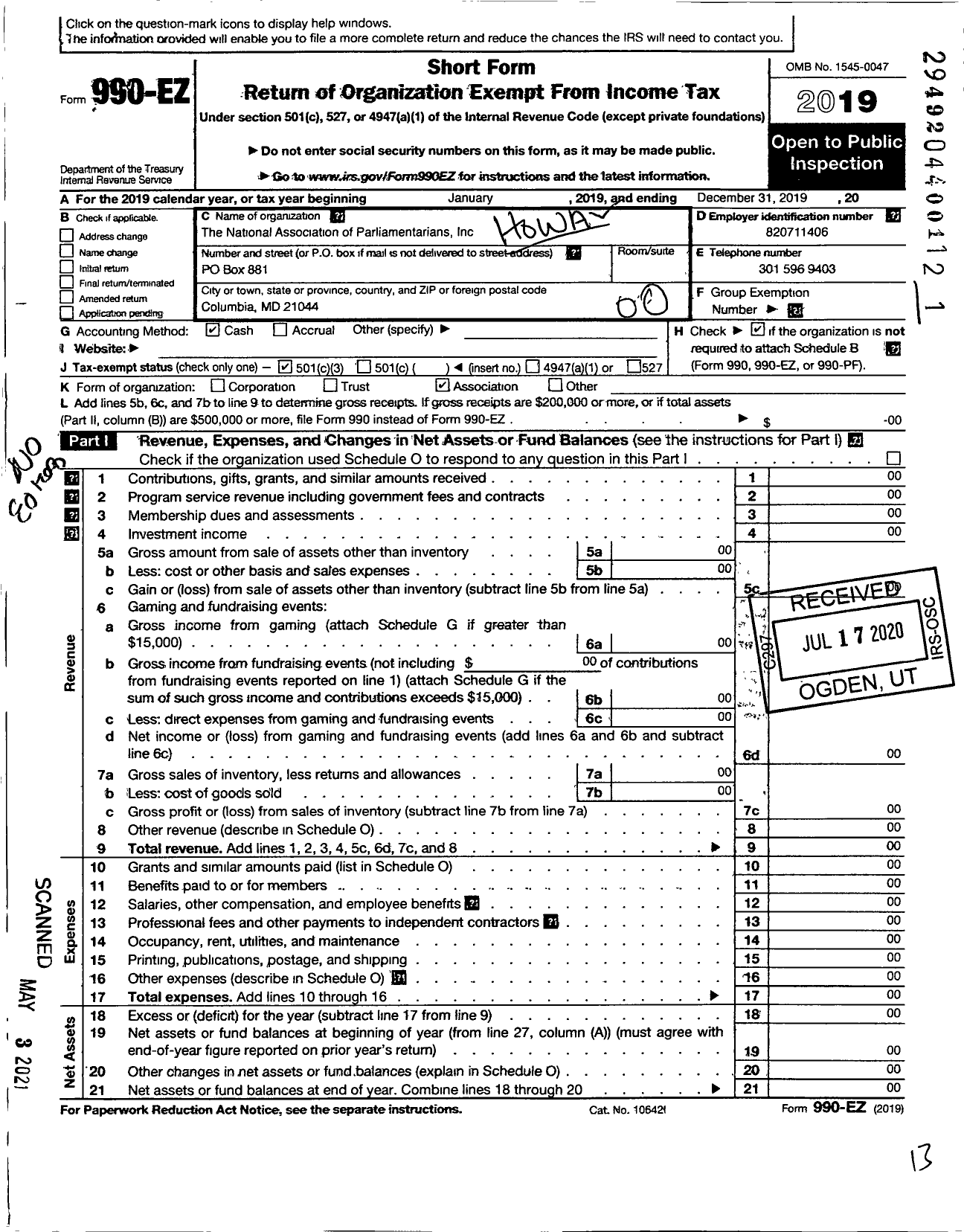 Image of first page of 2019 Form 990EO for Howard Co Unit of the Natl Assoc of Parliamentarians