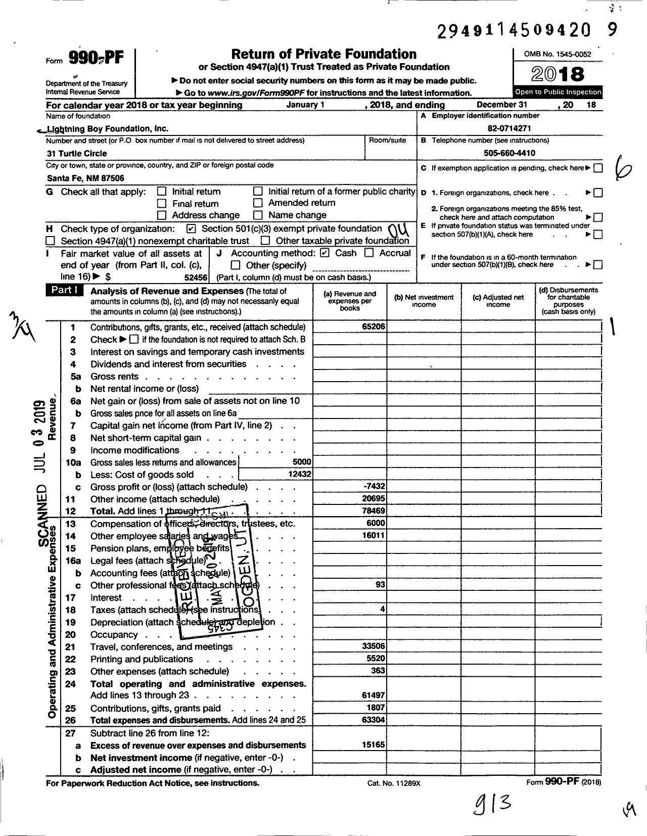 Image of first page of 2018 Form 990PF for Lightning Boy Foundation