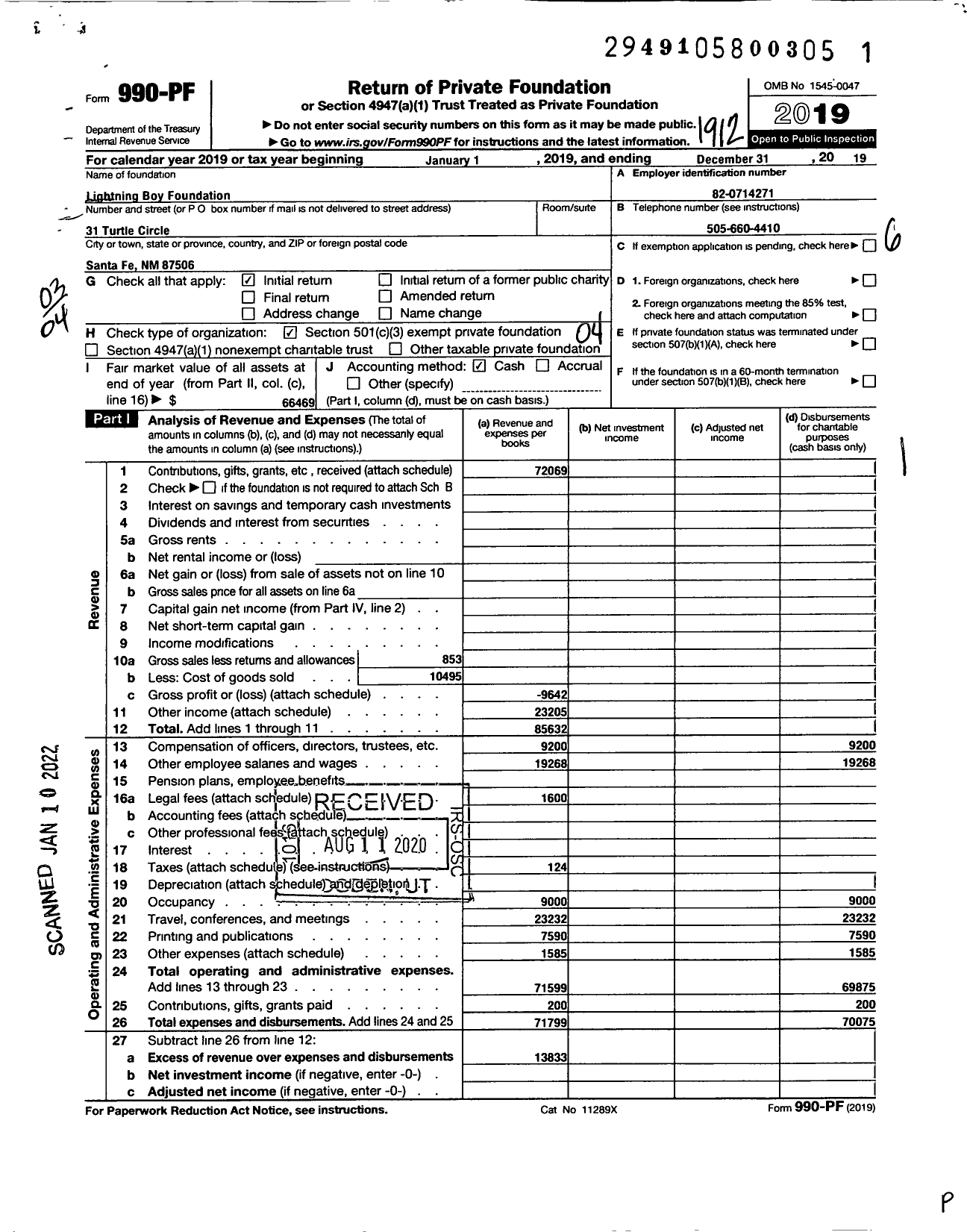 Image of first page of 2019 Form 990PF for Lightning Boy Foundation