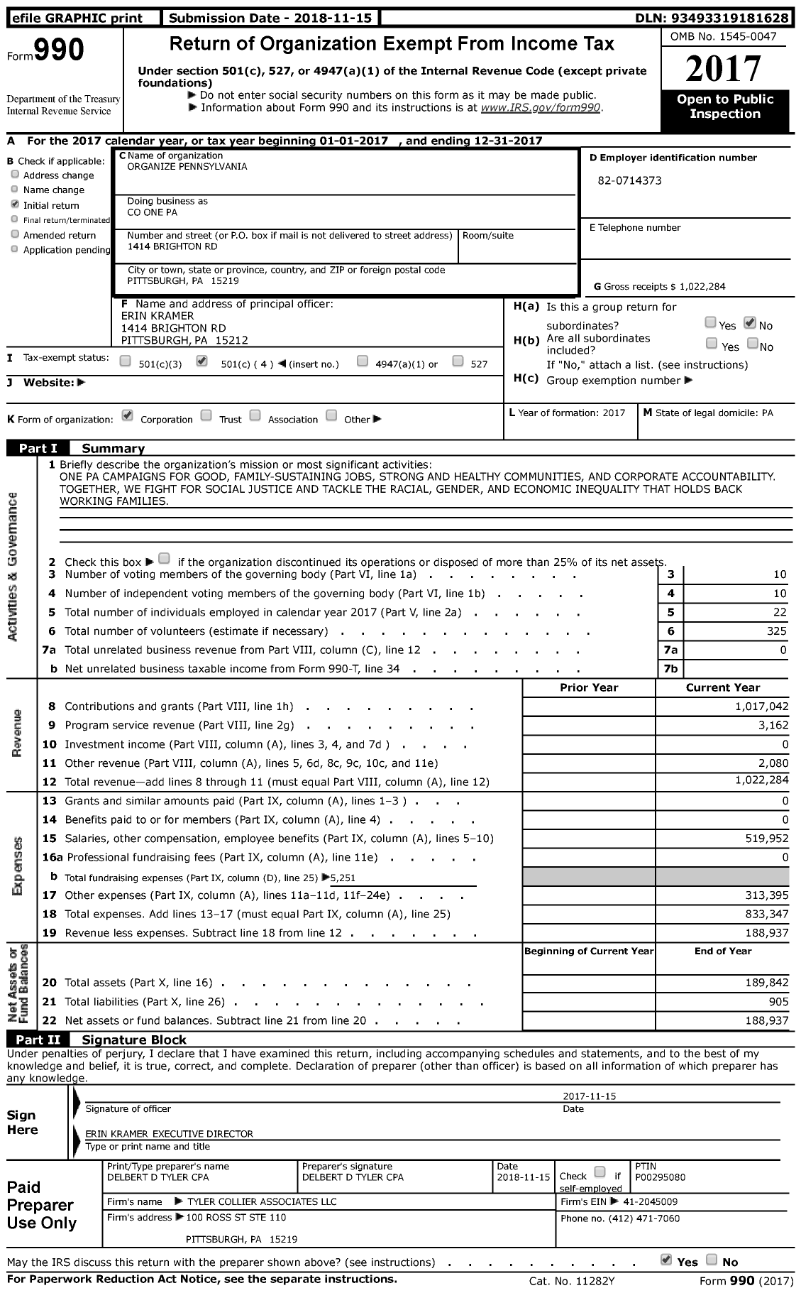 Image of first page of 2017 Form 990 for Organize Pennsylvania