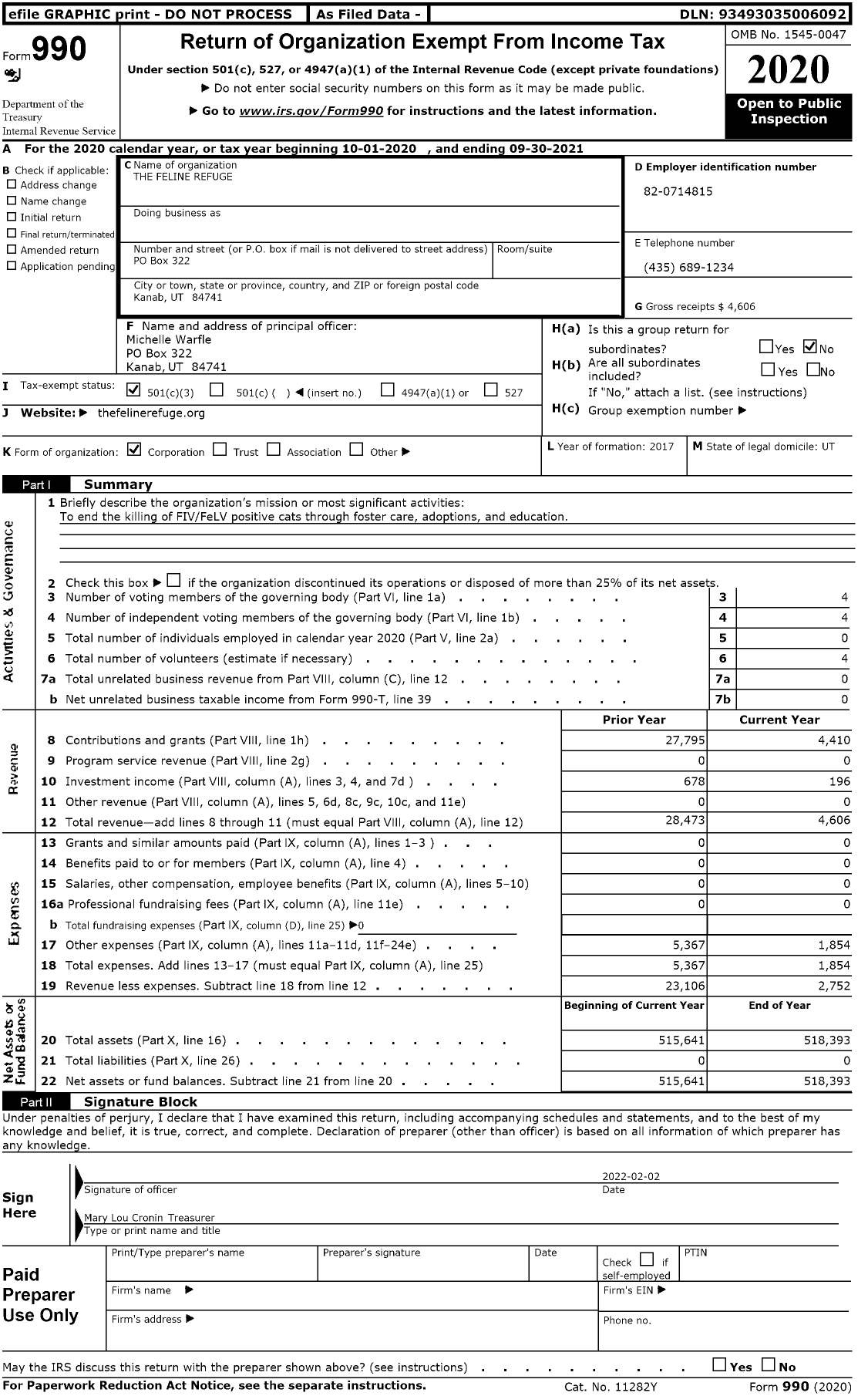 Image of first page of 2020 Form 990 for The Feline Refuge