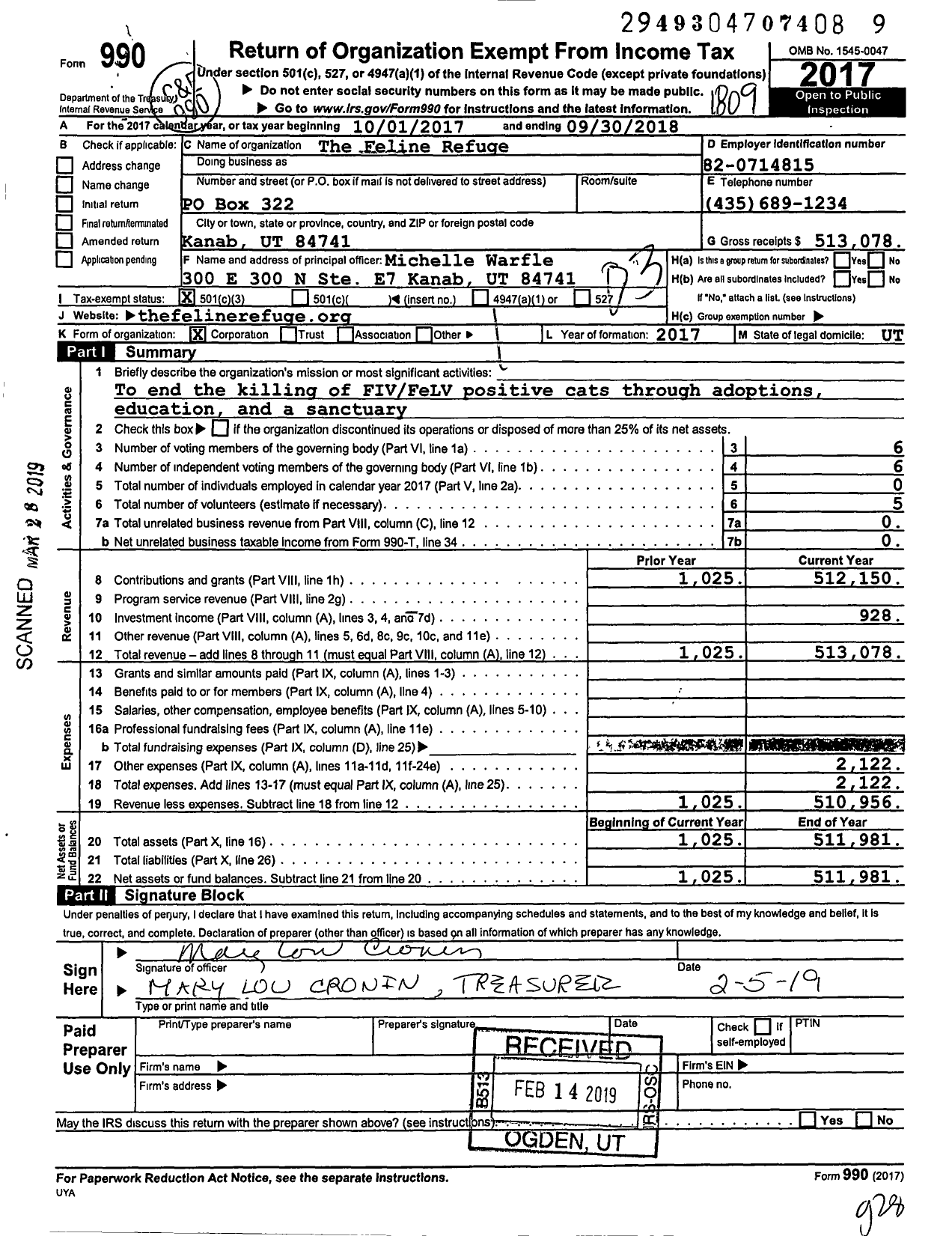 Image of first page of 2017 Form 990 for The Feline Refuge