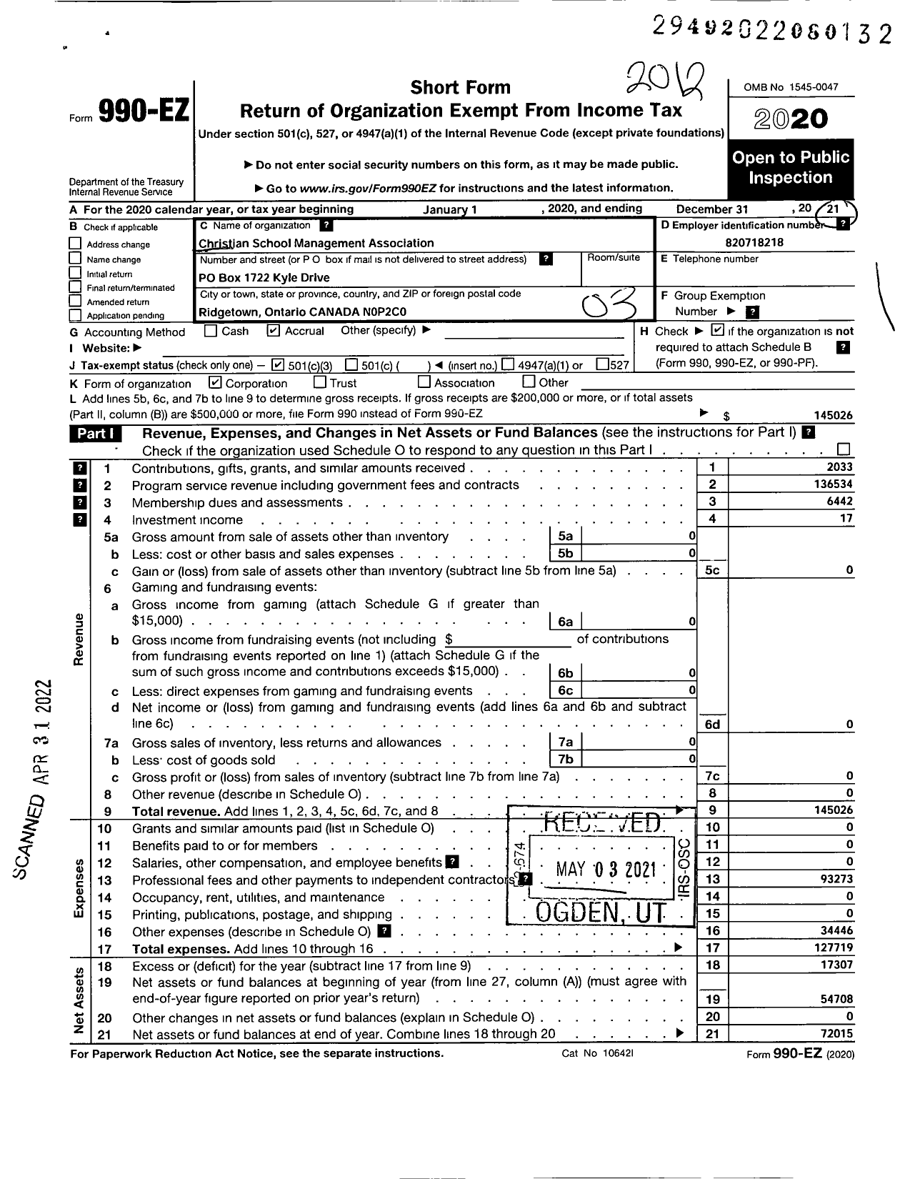 Image of first page of 2020 Form 990EZ for Christian School Management Association