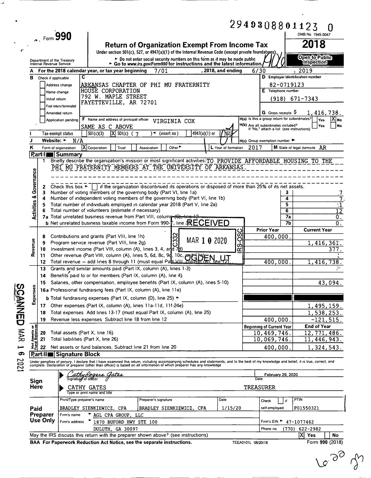 Image of first page of 2018 Form 990O for Arkansas Chapter of Phi Mu Fraternity House Corporation