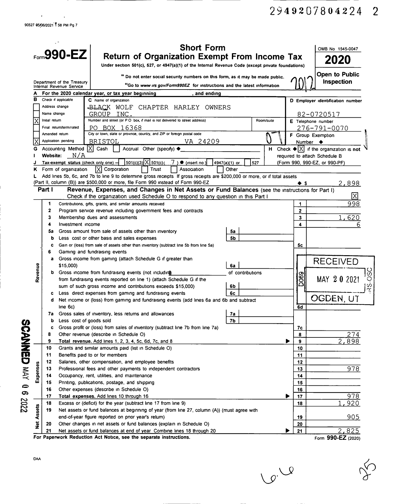 Image of first page of 2020 Form 990EO for Black Wolf Chapter Harley Owners Group