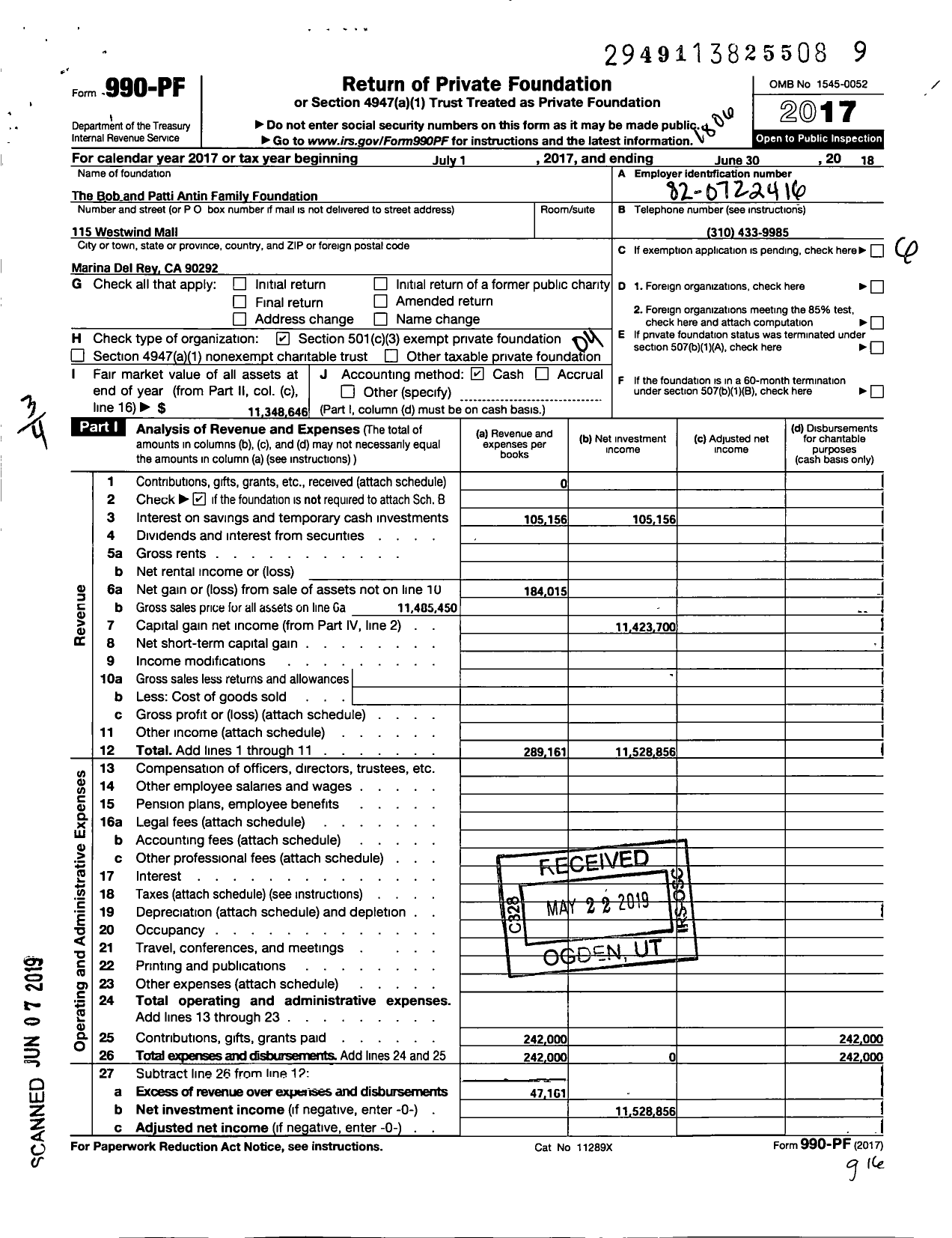 Image of first page of 2017 Form 990PF for The Bob and Patti Antin Family Foundation