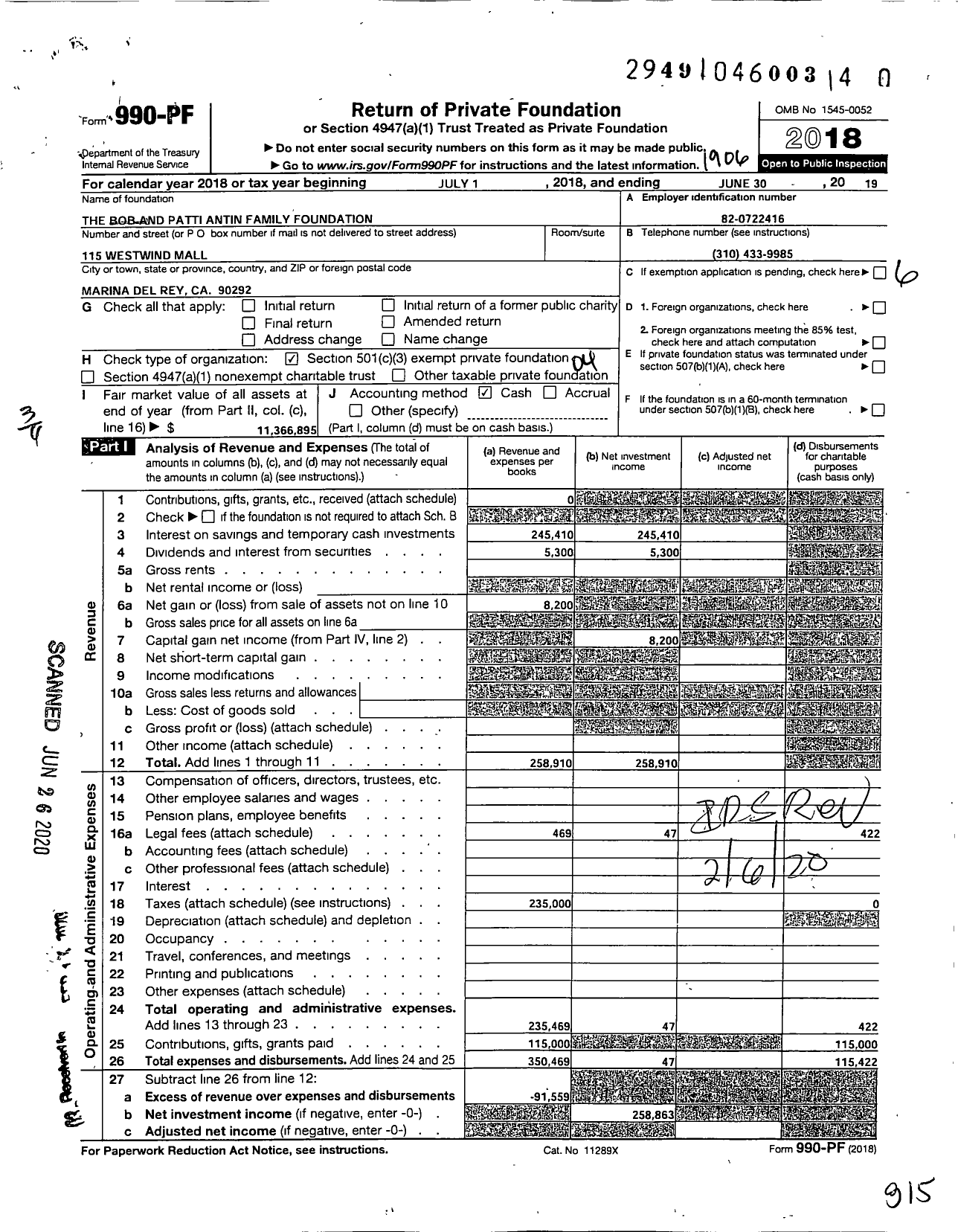 Image of first page of 2018 Form 990PR for The Bob and Patti Antin Family Foundation