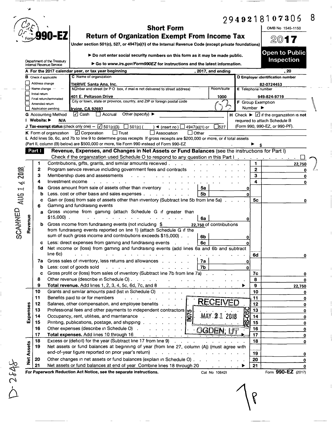 Image of first page of 2017 Form 990EZ for THRIVE Santa Ana