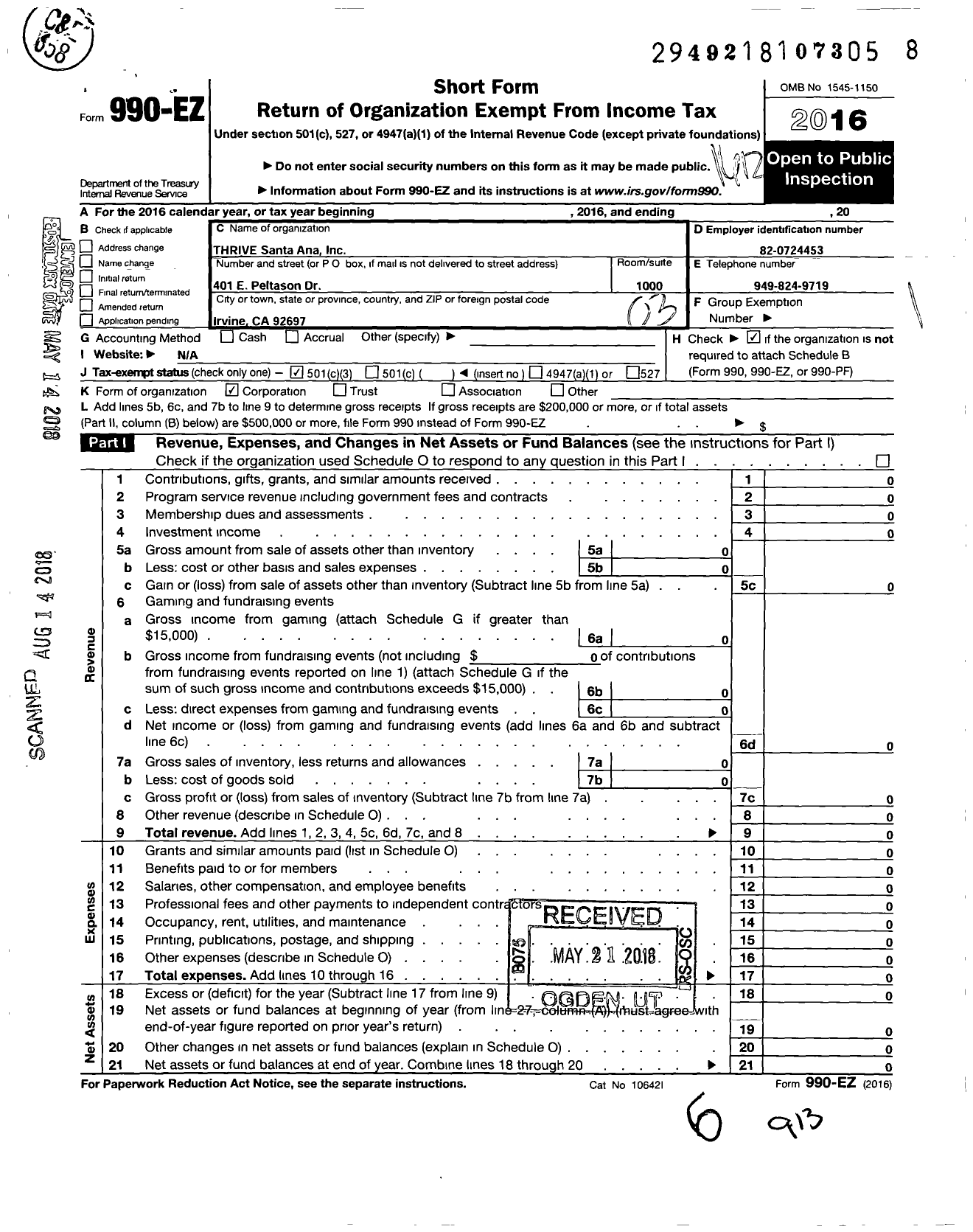 Image of first page of 2016 Form 990EZ for THRIVE Santa Ana