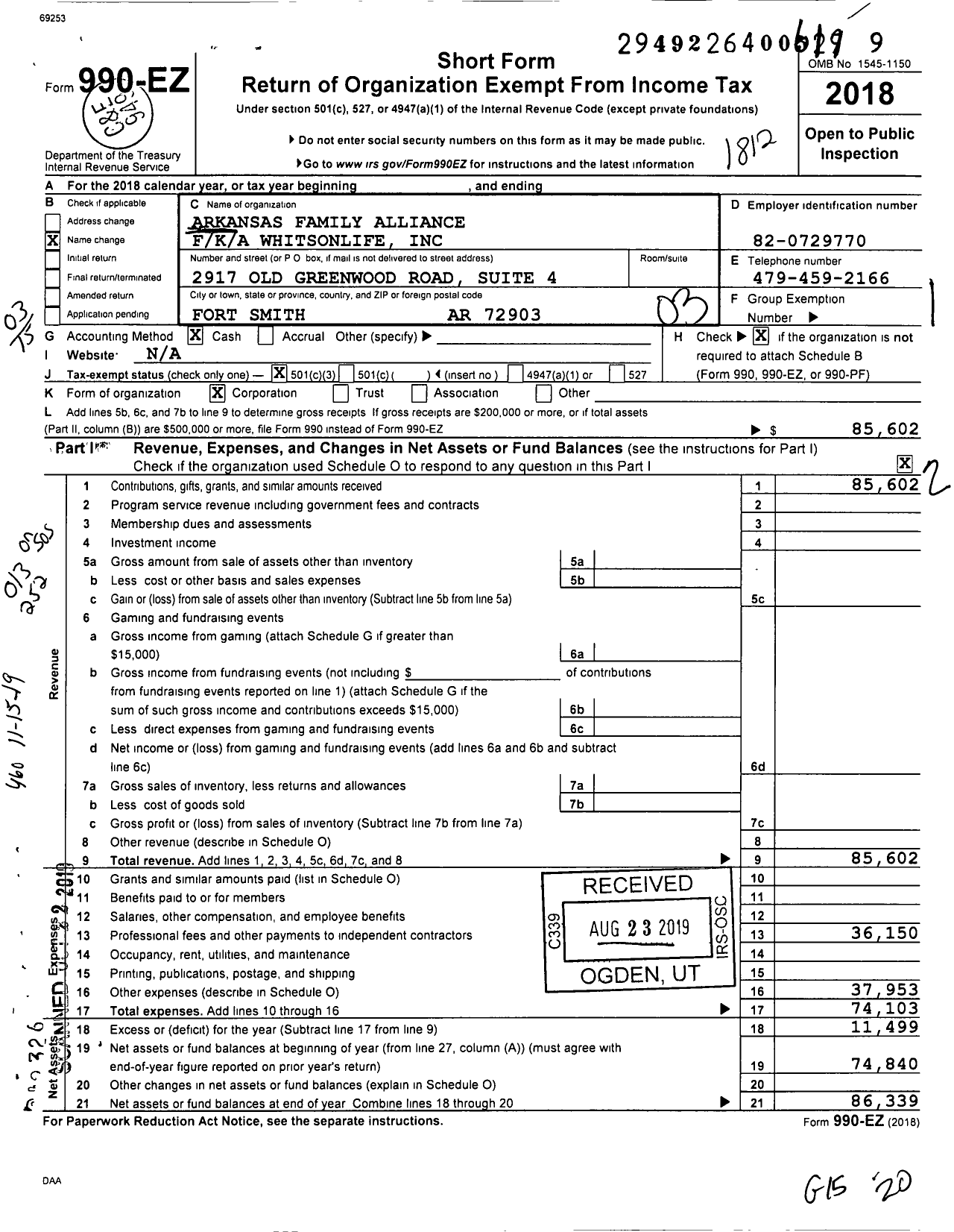 Image of first page of 2018 Form 990EZ for Arkansas Family Alliance