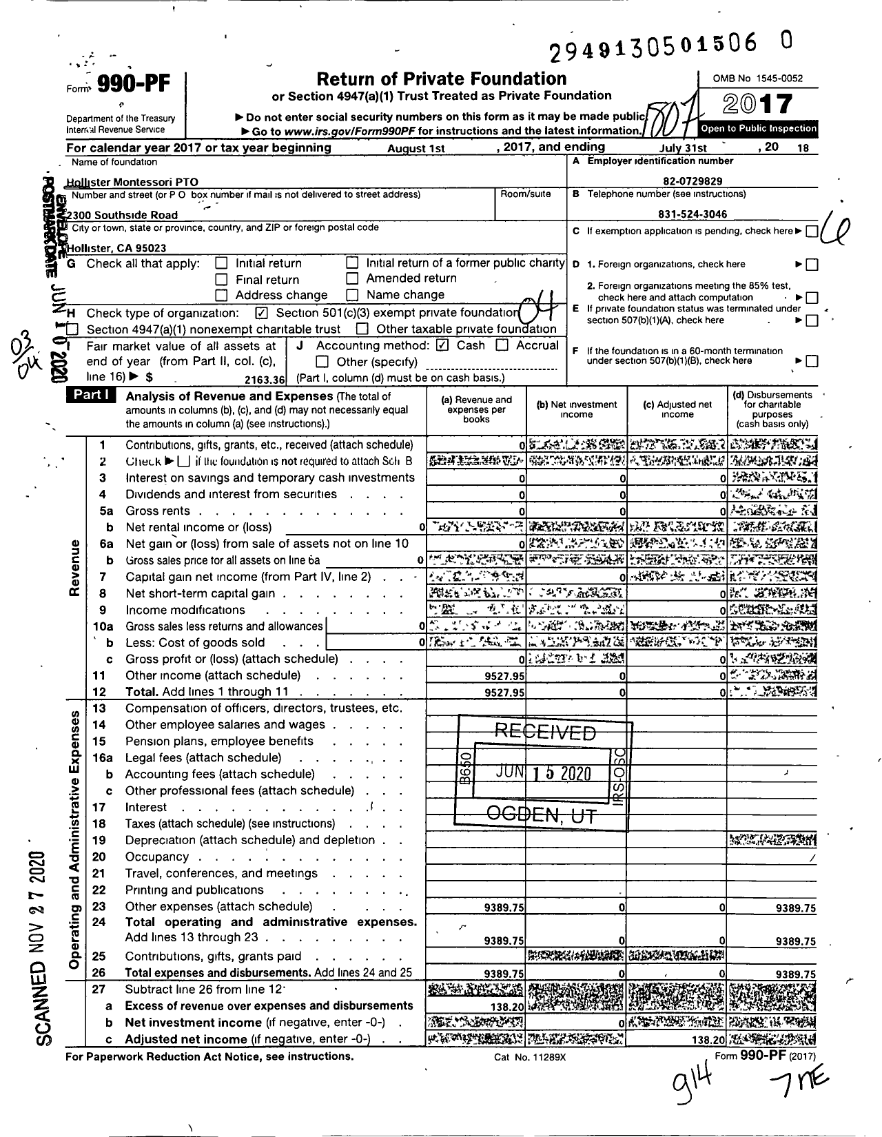 Image of first page of 2017 Form 990PF for Hollister Montessori PTO