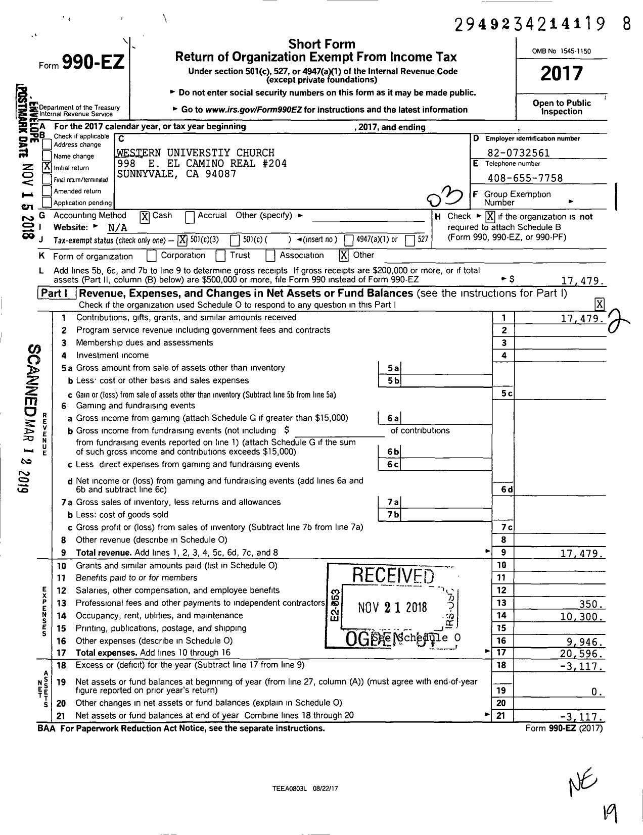 Image of first page of 2017 Form 990EZ for Western Universtiy Church