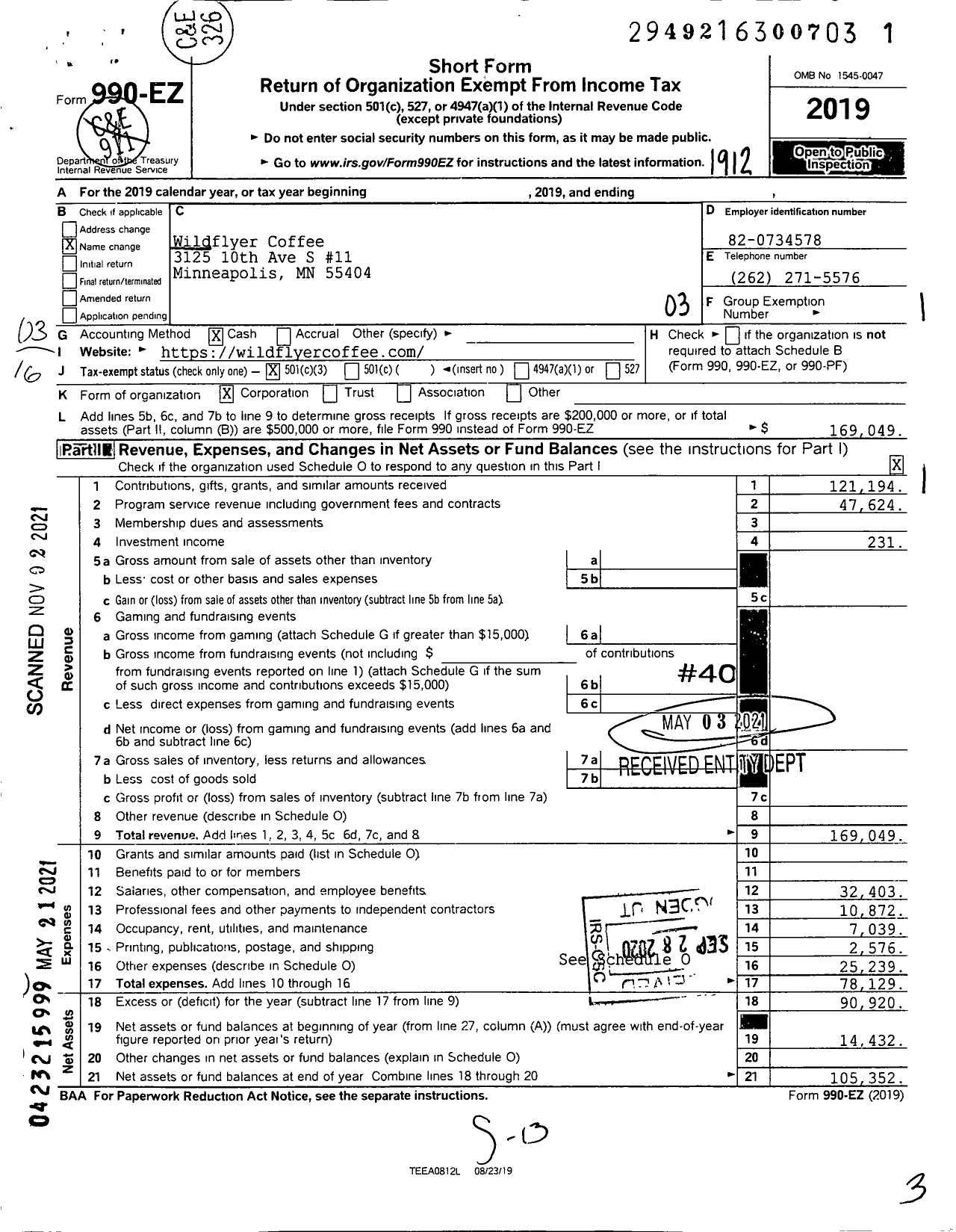 Image of first page of 2019 Form 990EZ for Wildflyer Coffee