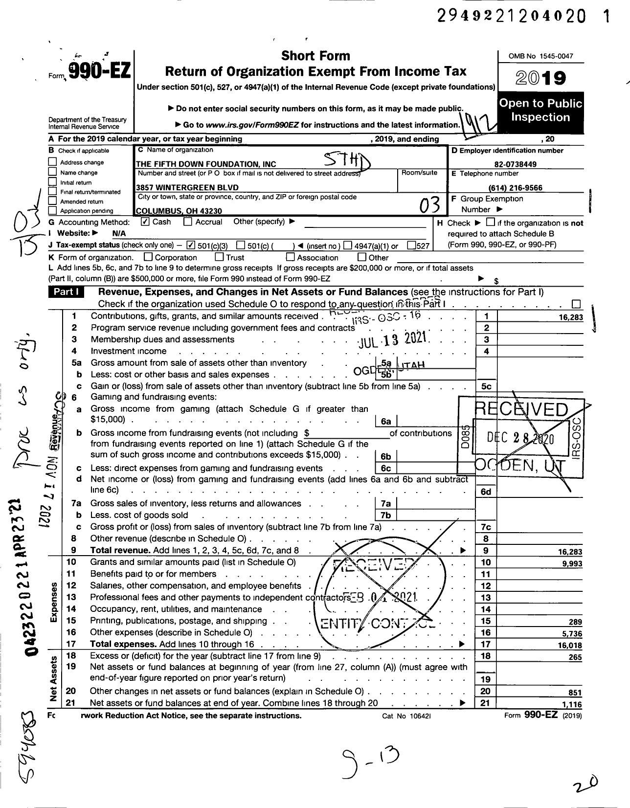 Image of first page of 2019 Form 990EZ for 5th Down Foundation