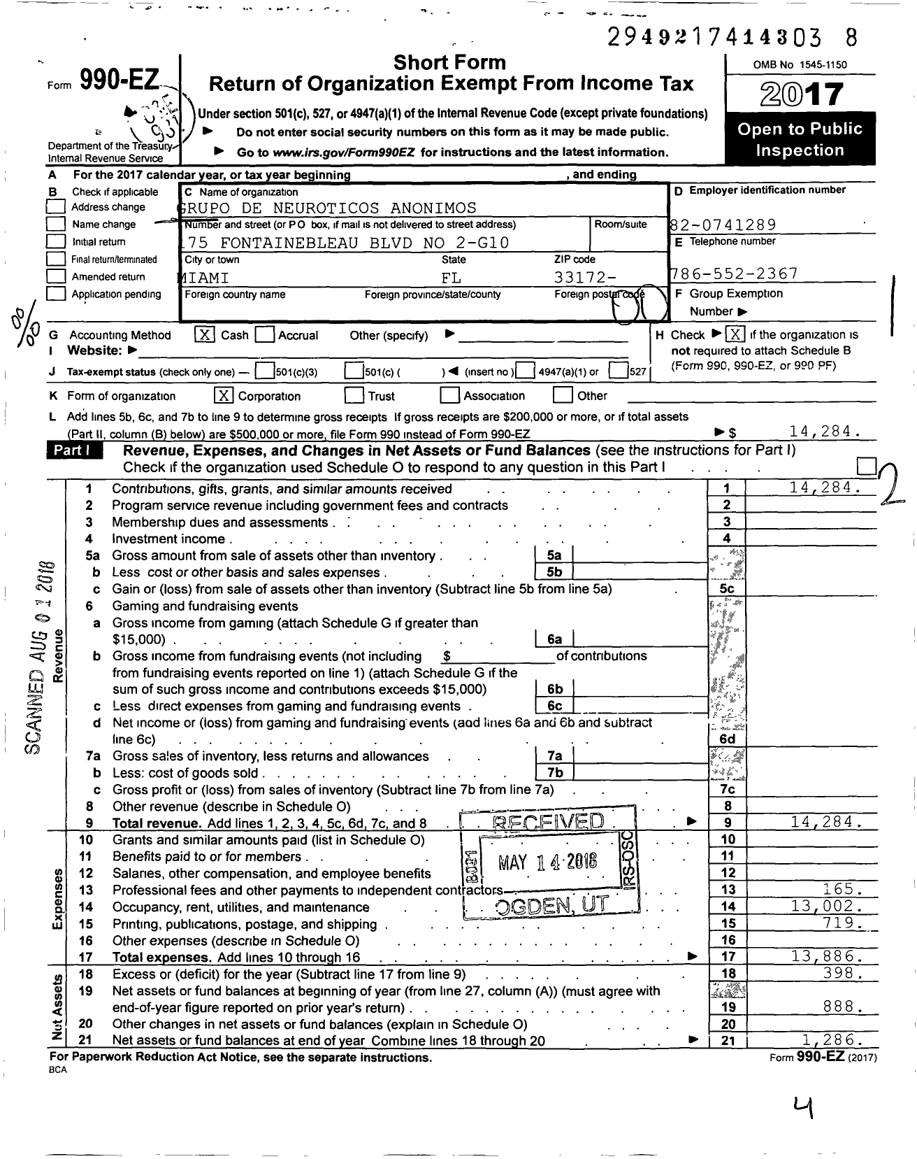 Image of first page of 2017 Form 990EO for Grupo de Neuroticos Anonimos Aprendiendo A Amar Corporation