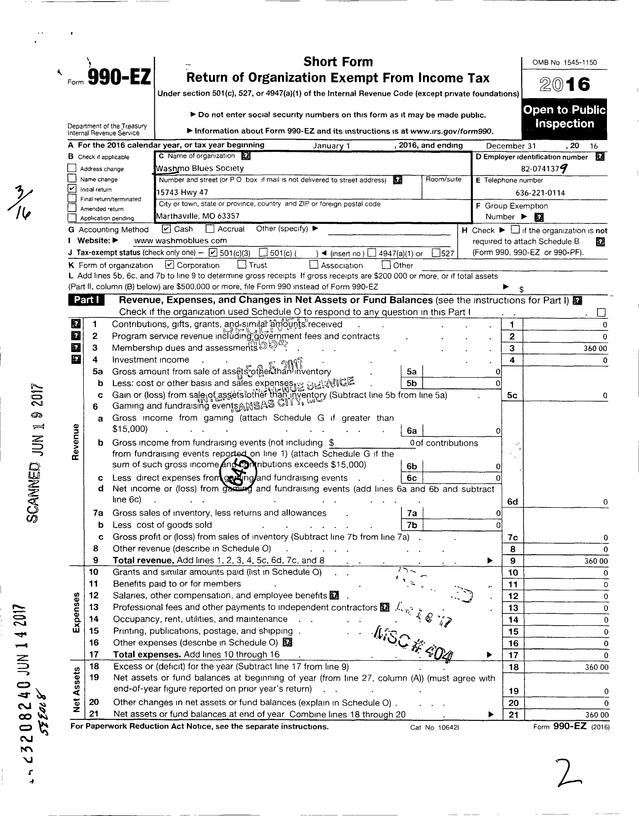 Image of first page of 2016 Form 990EZ for Washmo Blues Society