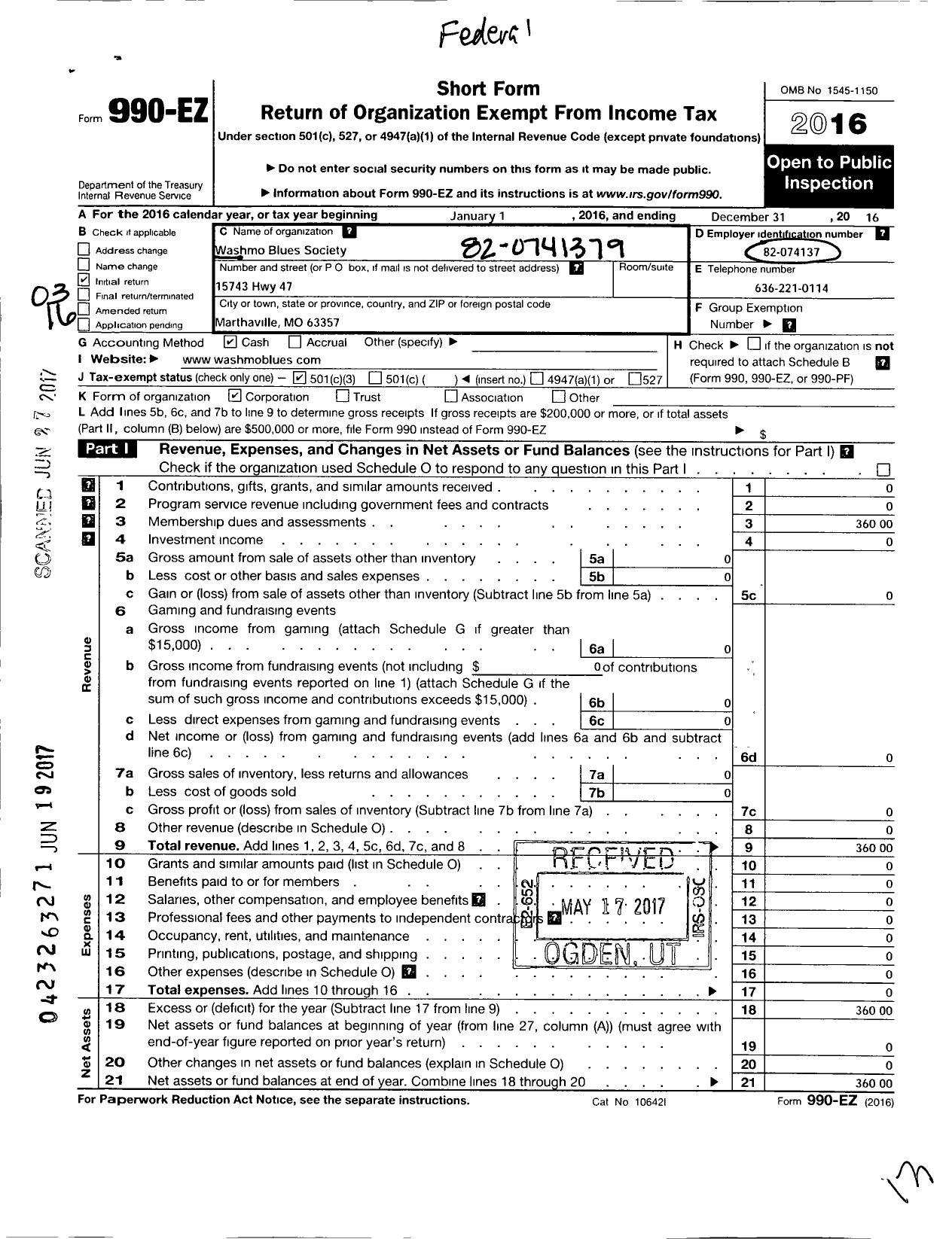 Image of first page of 2016 Form 990EZ for Washmo Blues Society