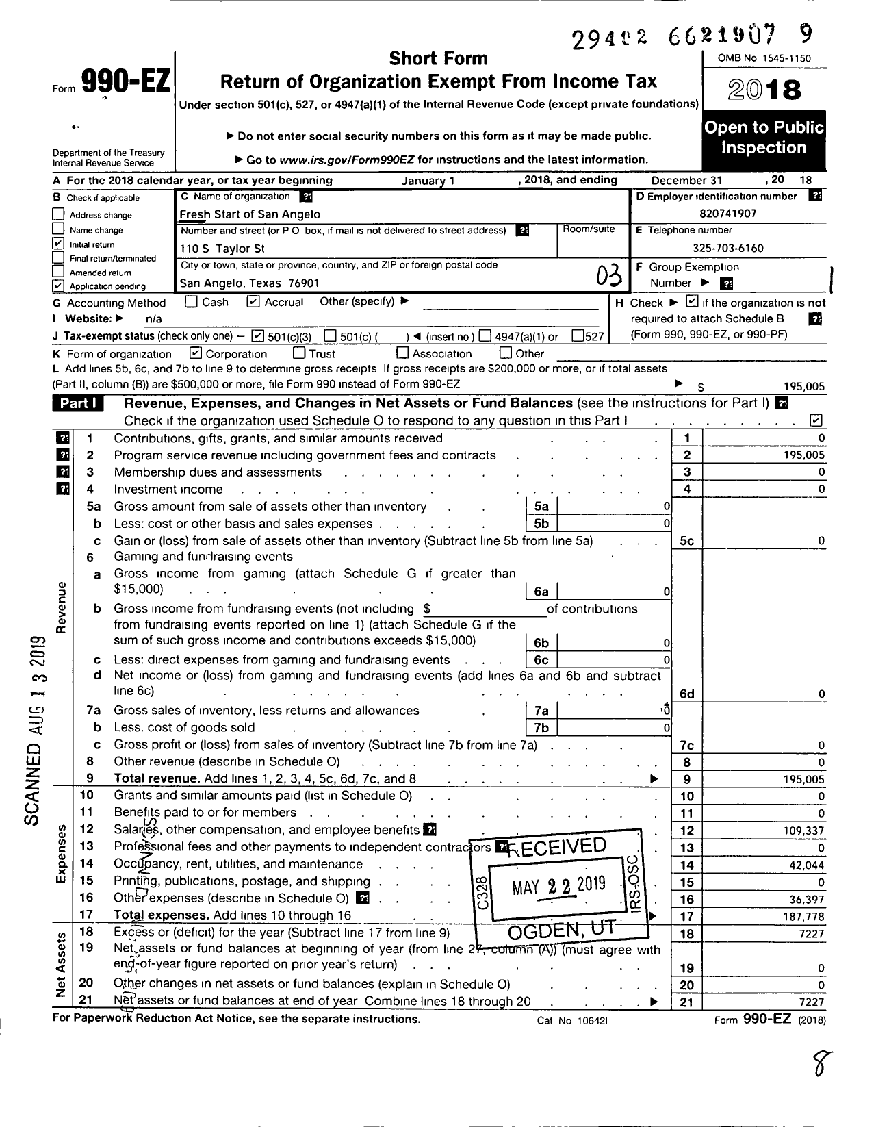 Image of first page of 2018 Form 990EZ for Fresh Start of San Angelo