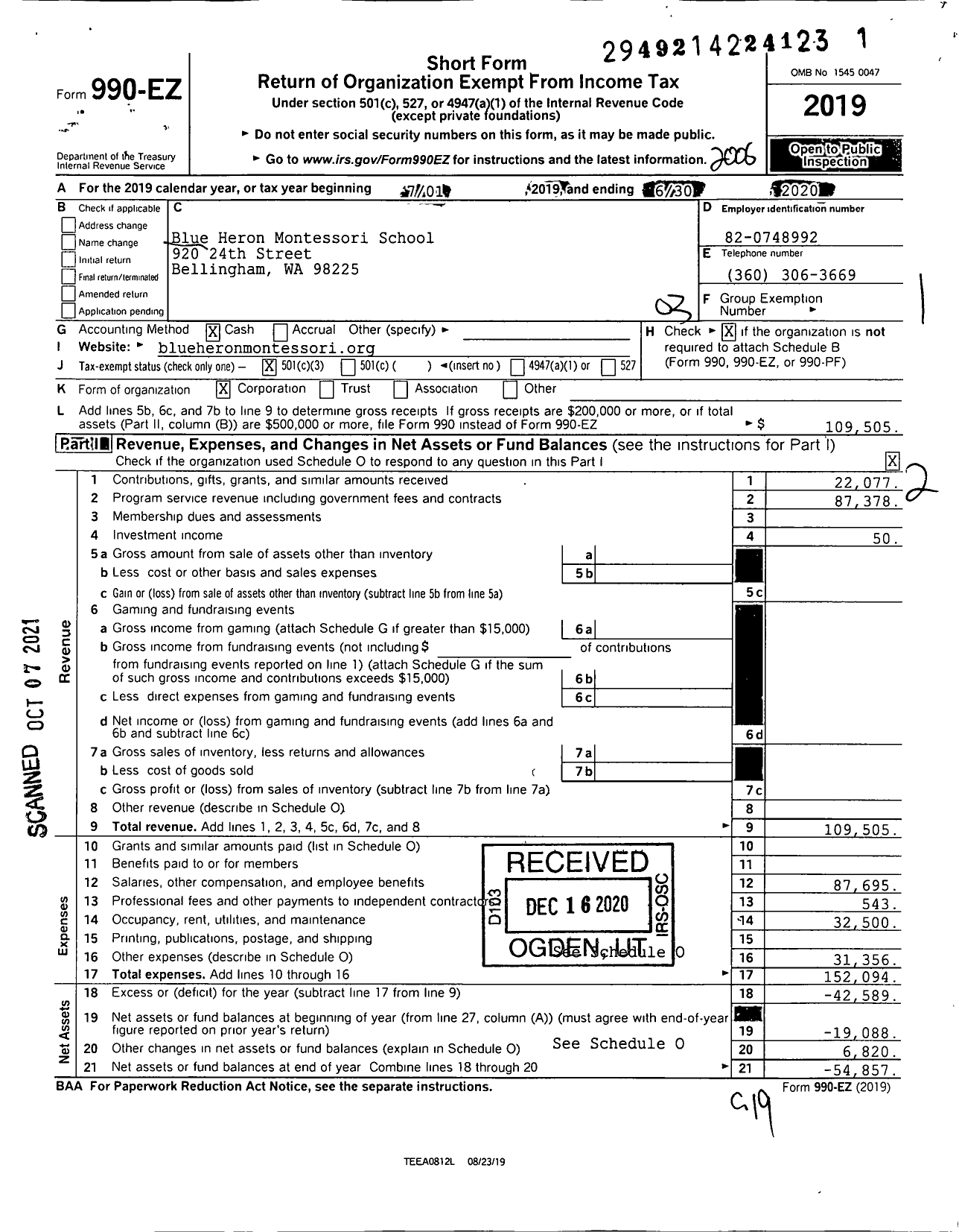 Image of first page of 2019 Form 990EZ for Blue Heron Montessori School