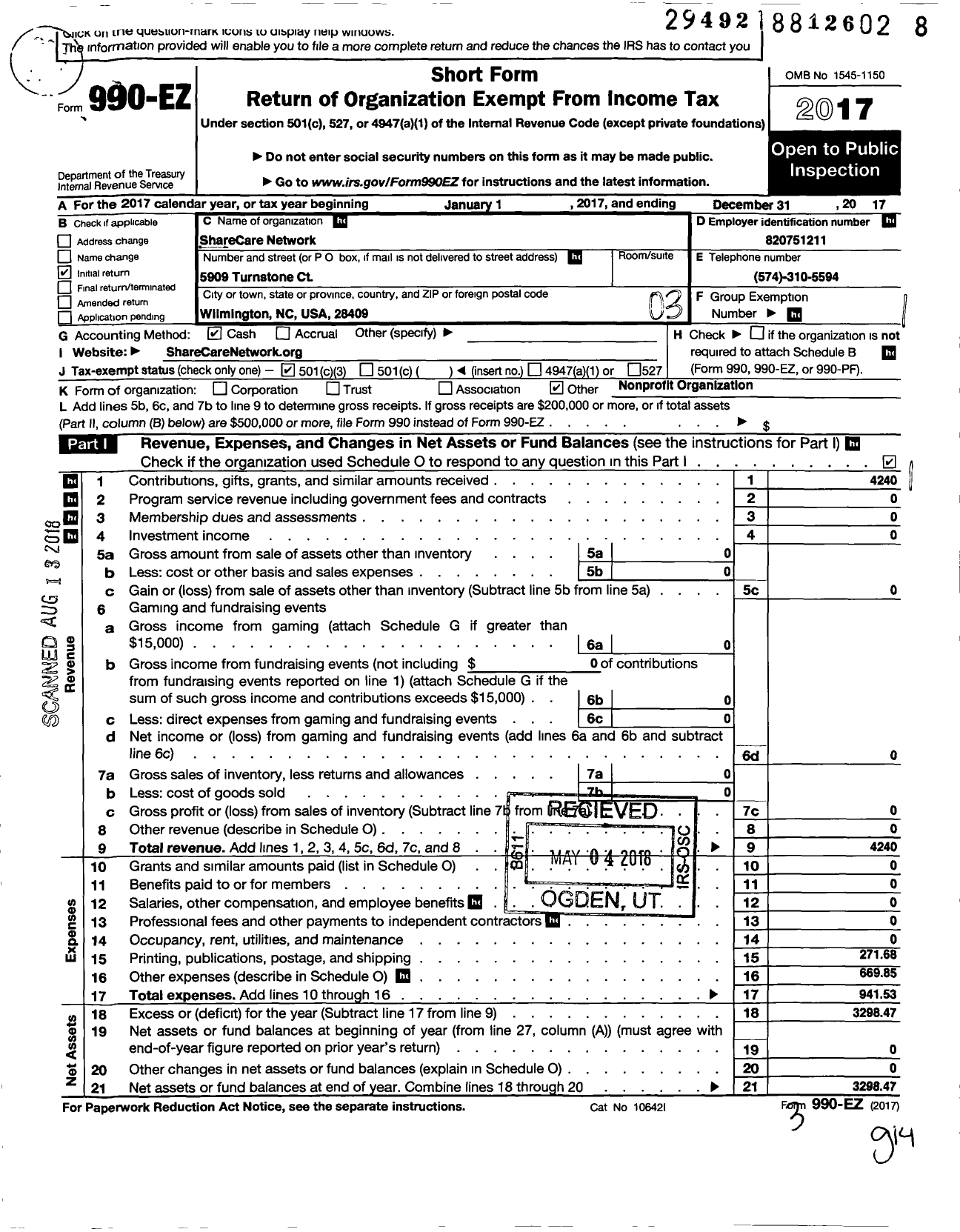 Image of first page of 2017 Form 990EZ for Sharecare Network