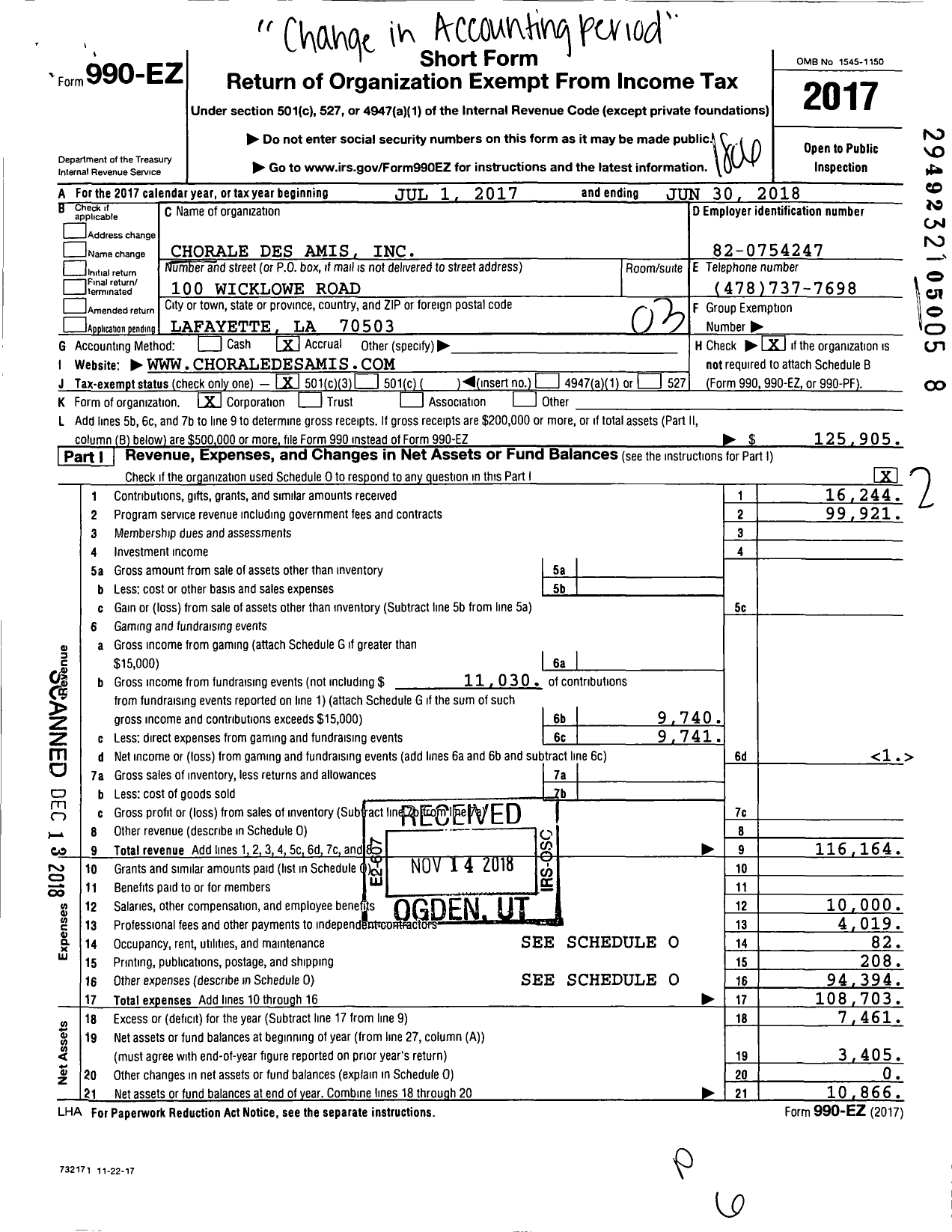 Image of first page of 2017 Form 990EZ for Chorale Des Amis