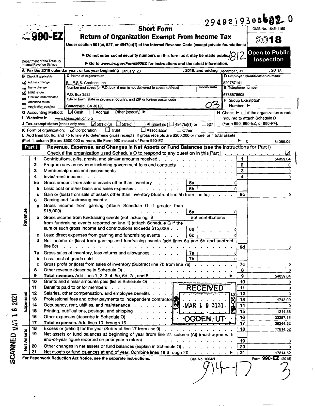 Image of first page of 2018 Form 990EZ for BLESS Coalition