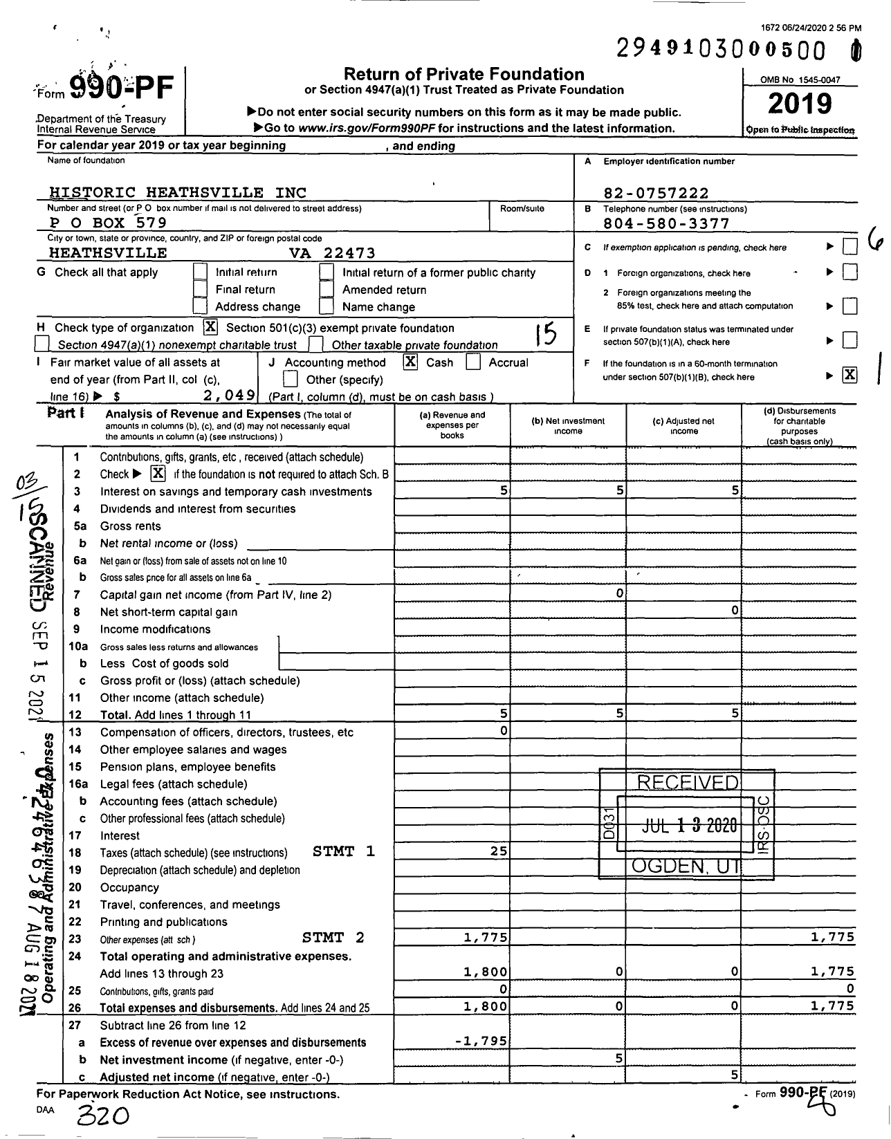 Image of first page of 2019 Form 990PF for Historic Heathsville