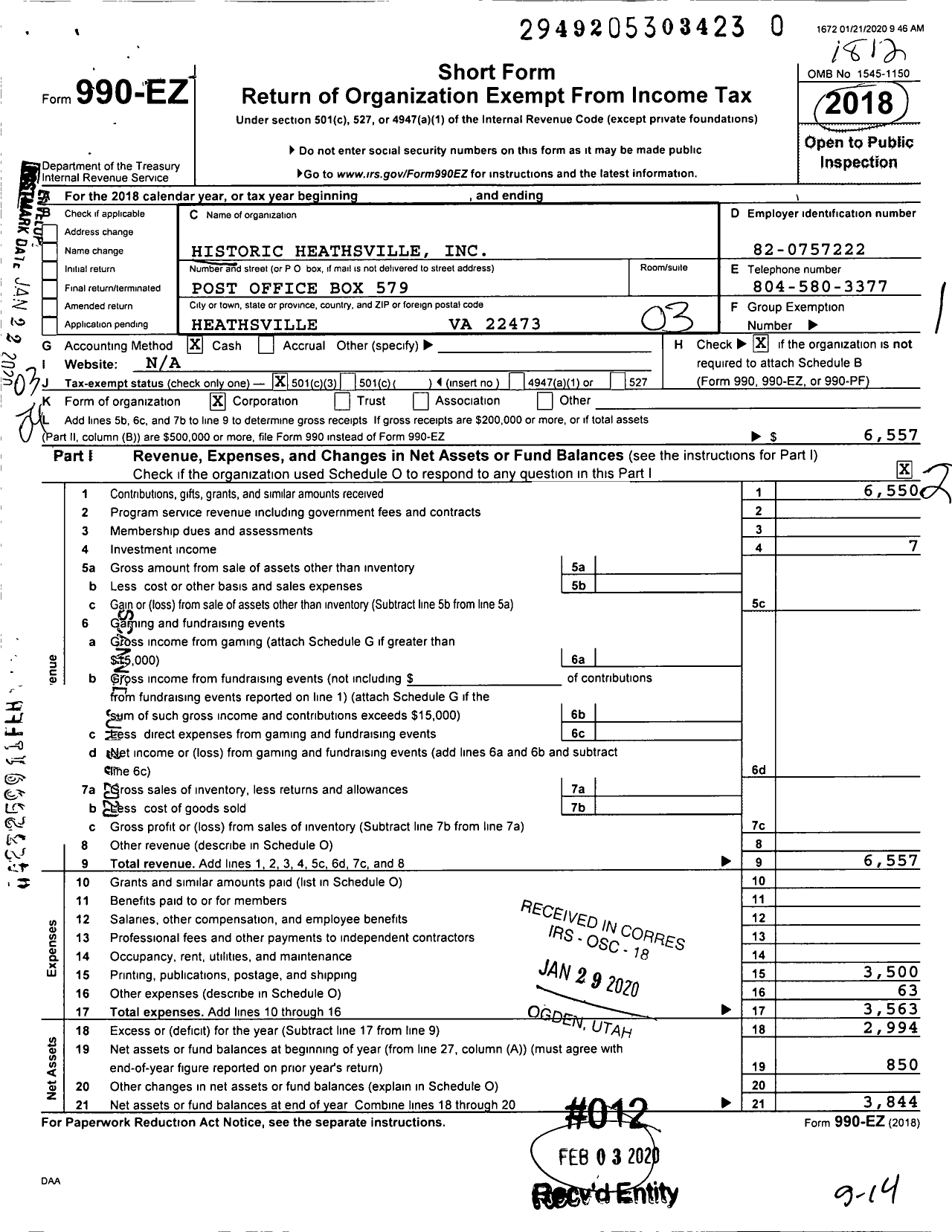 Image of first page of 2018 Form 990EZ for Historic Heathsville