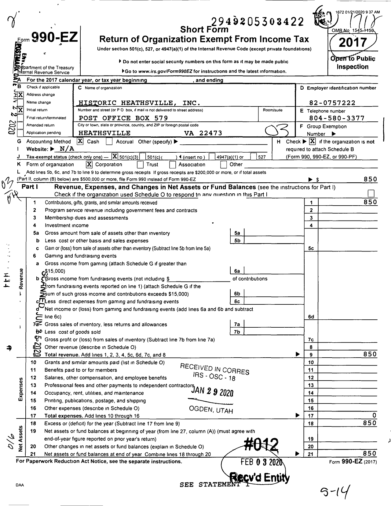 Image of first page of 2017 Form 990EZ for Historic Heathsville