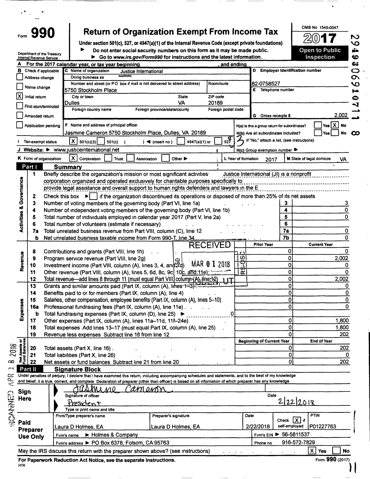 Image of first page of 2017 Form 990 for Justice International