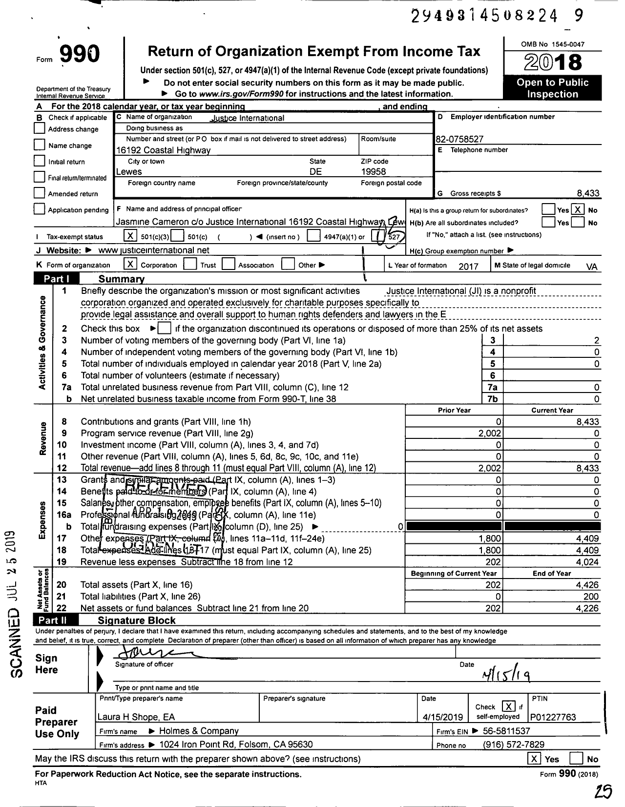 Image of first page of 2018 Form 990 for Justice International