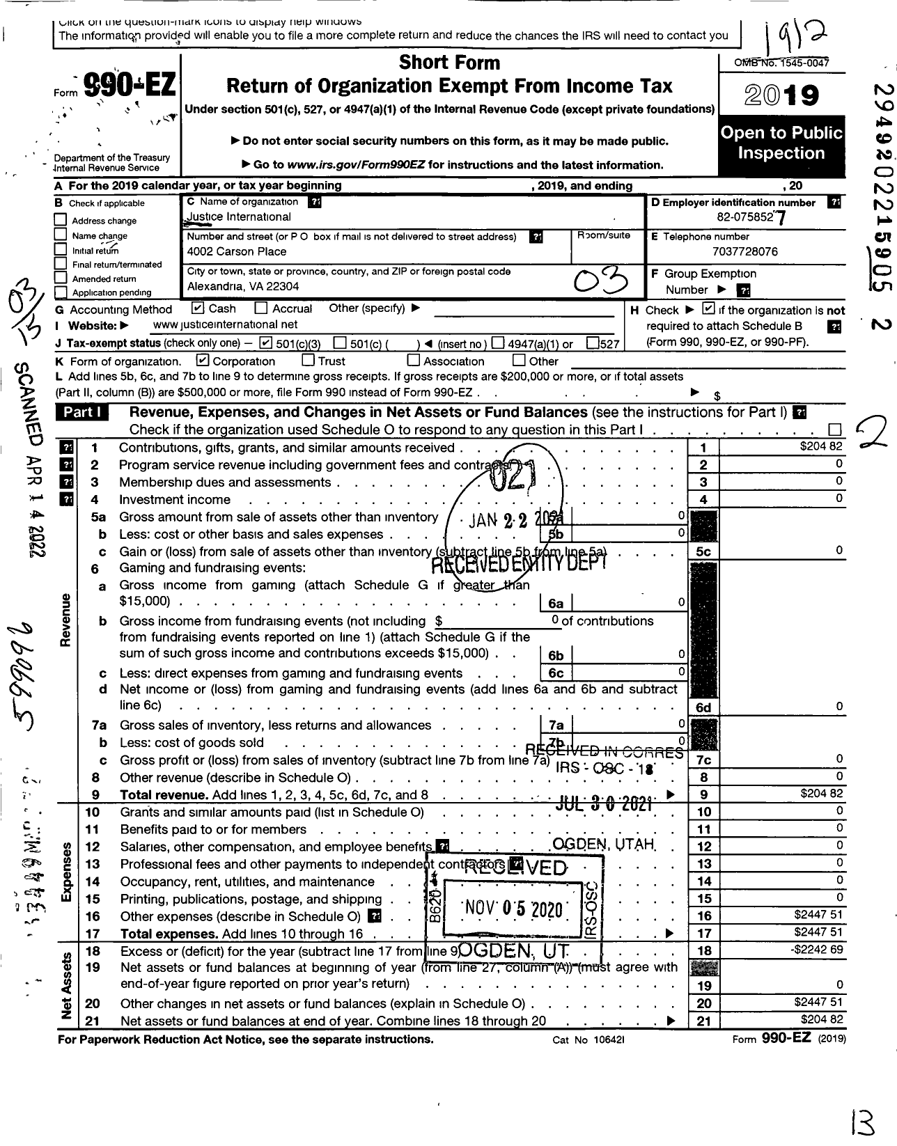 Image of first page of 2019 Form 990EZ for Justice International