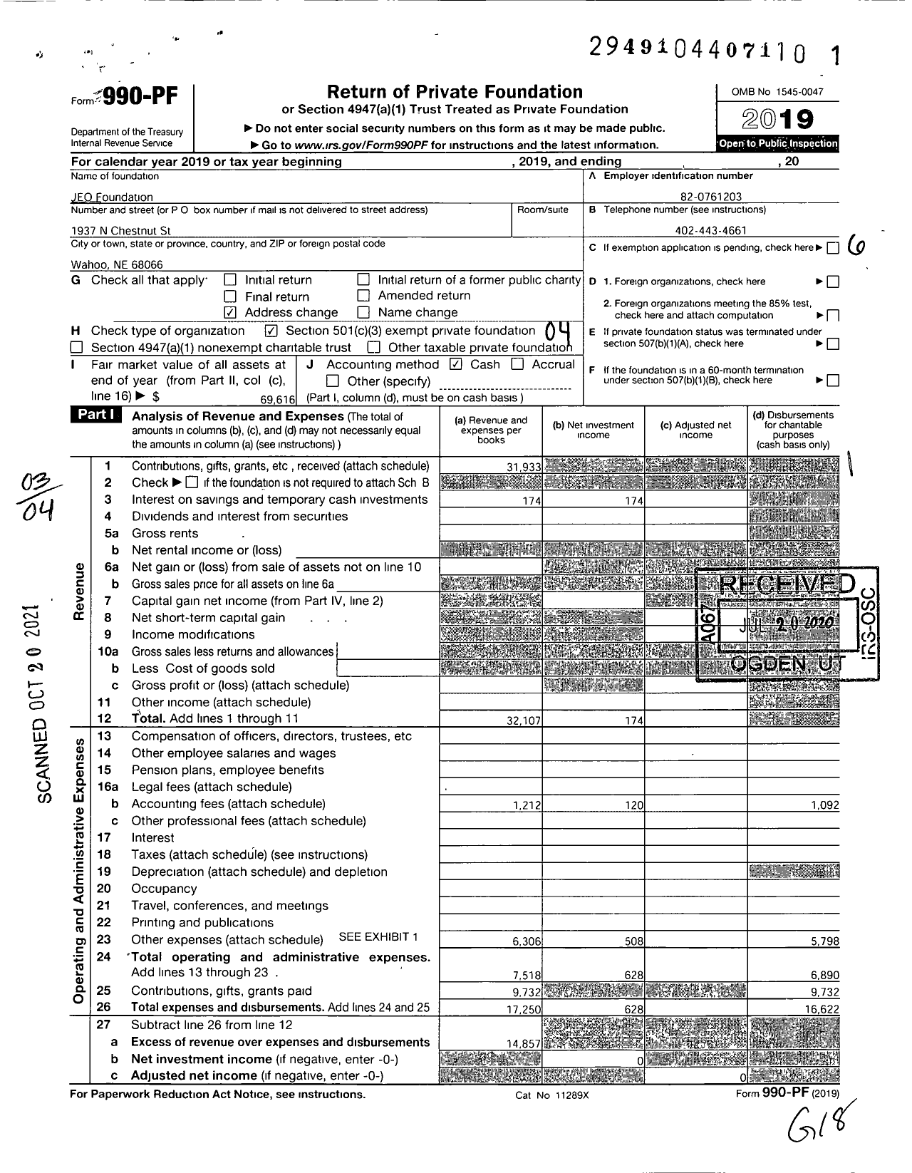 Image of first page of 2019 Form 990PF for JEO Foundation