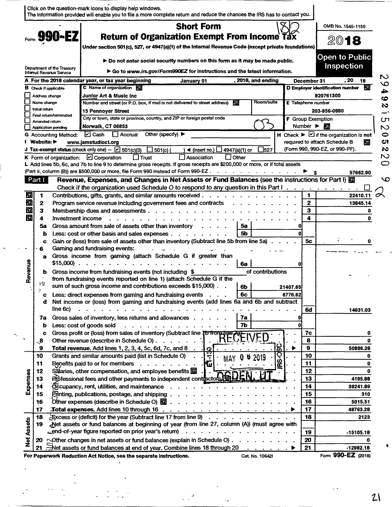 Image of first page of 2018 Form 990EZ for Junior Arts and Music