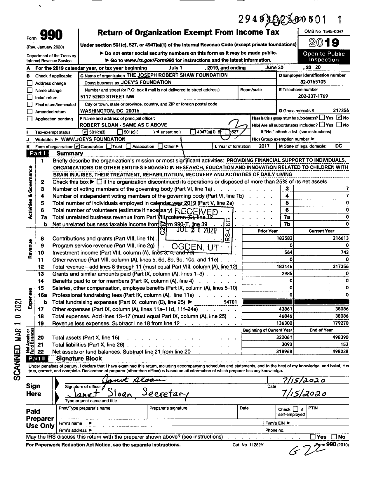 Image of first page of 2019 Form 990 for Joey's Foundation / Joseph Robert Shaw Foundation Inc