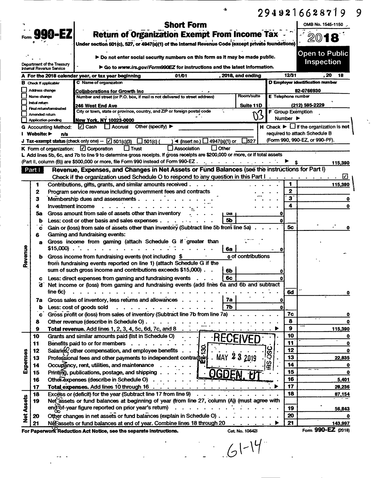 Image of first page of 2018 Form 990EZ for Collaborations for Growth