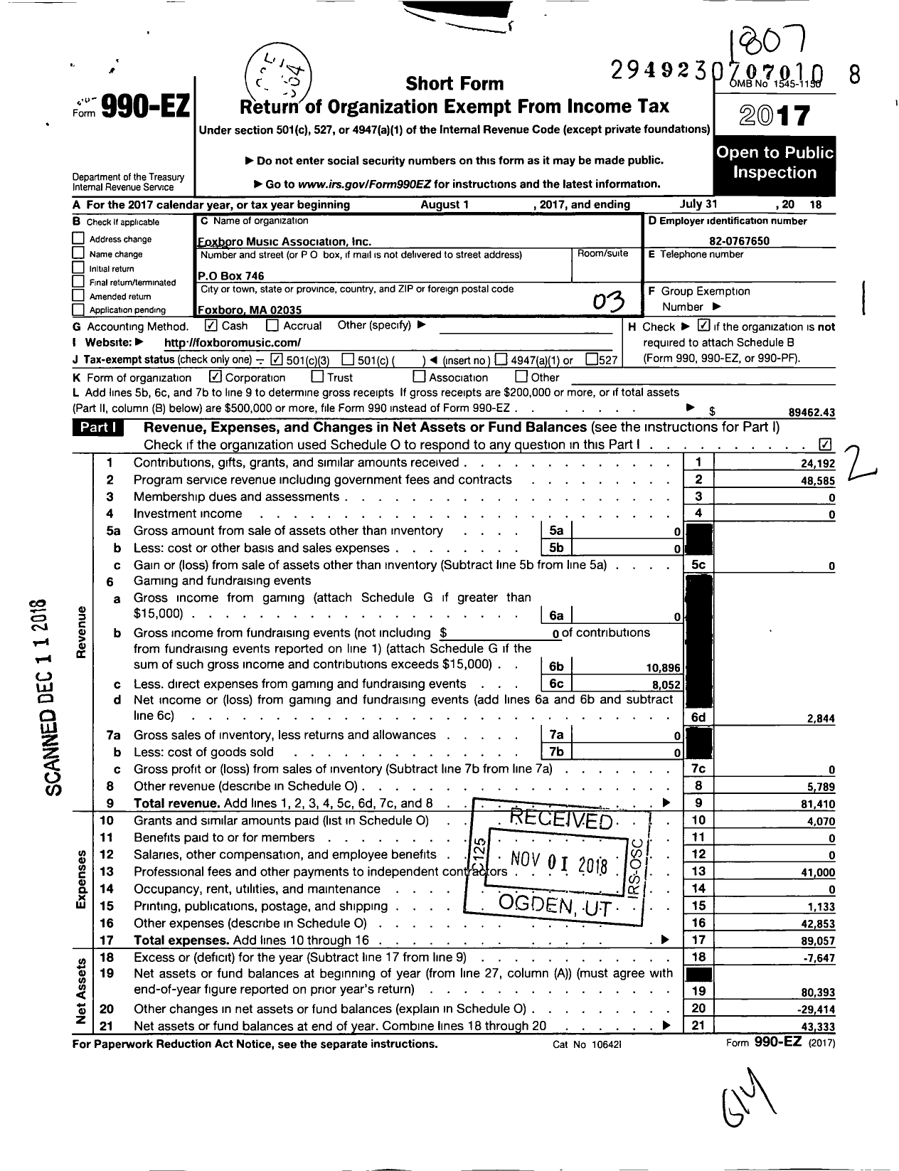 Image of first page of 2017 Form 990EZ for Foxboro Music Association