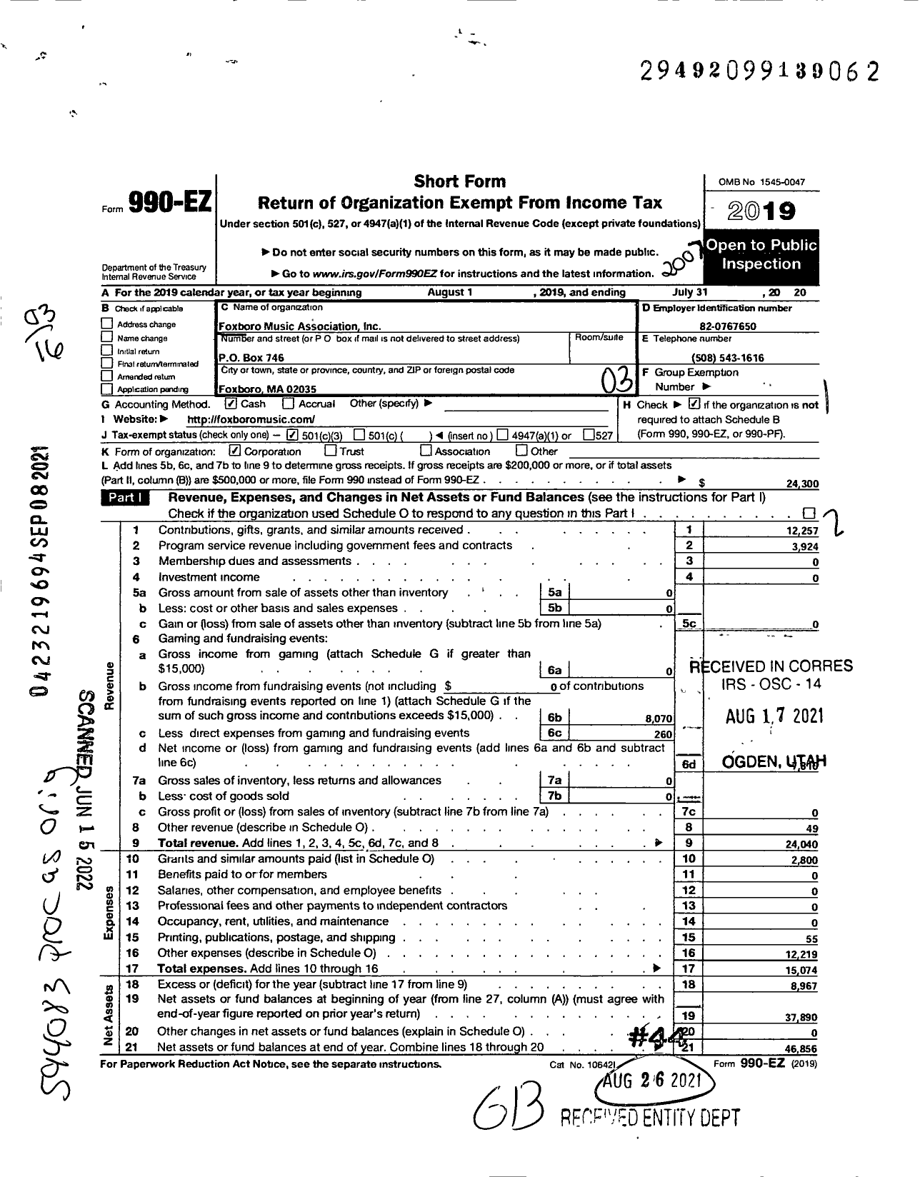 Image of first page of 2019 Form 990EZ for Foxboro Music Association