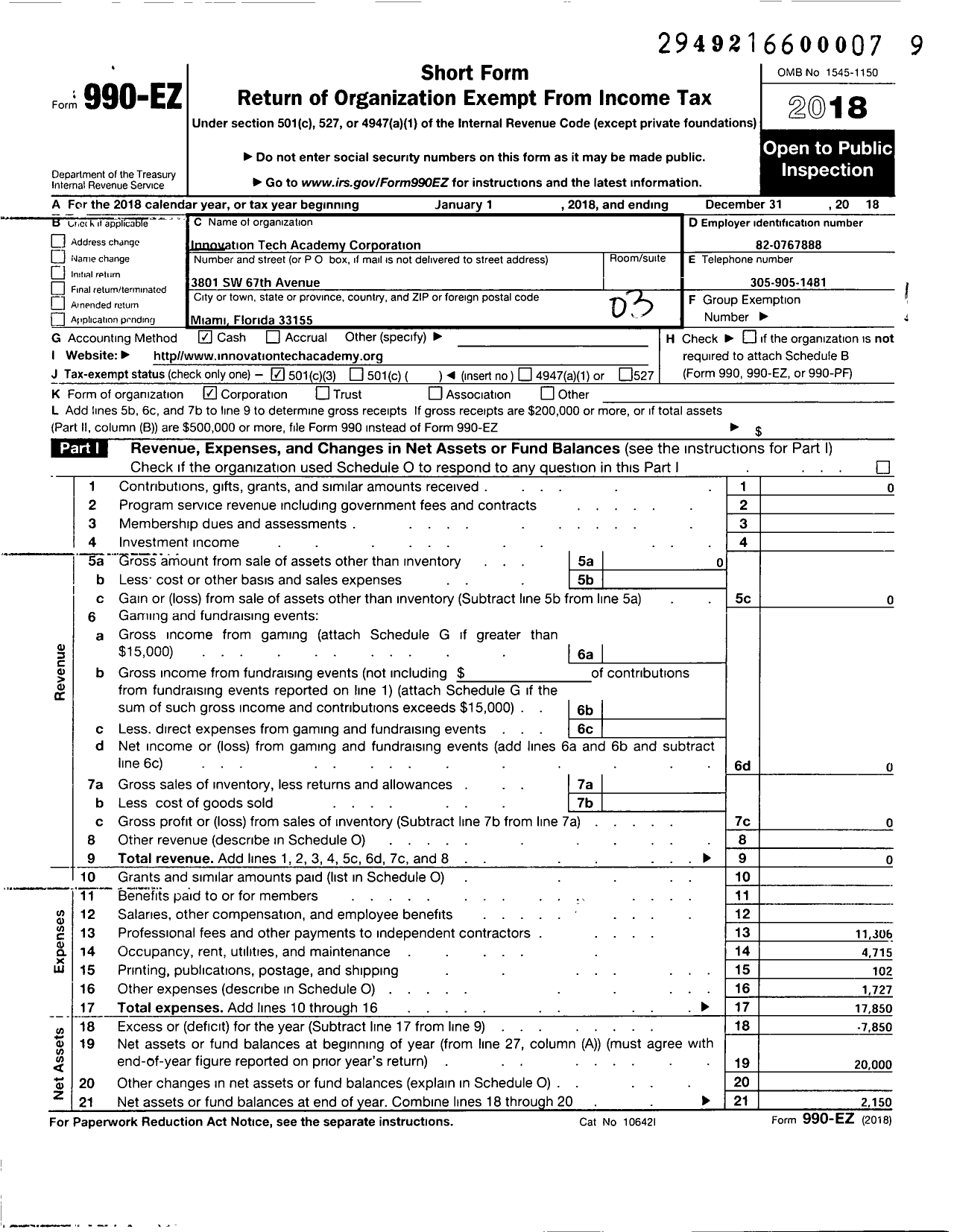 Image of first page of 2018 Form 990EZ for Innovation Tech Academy Corporation